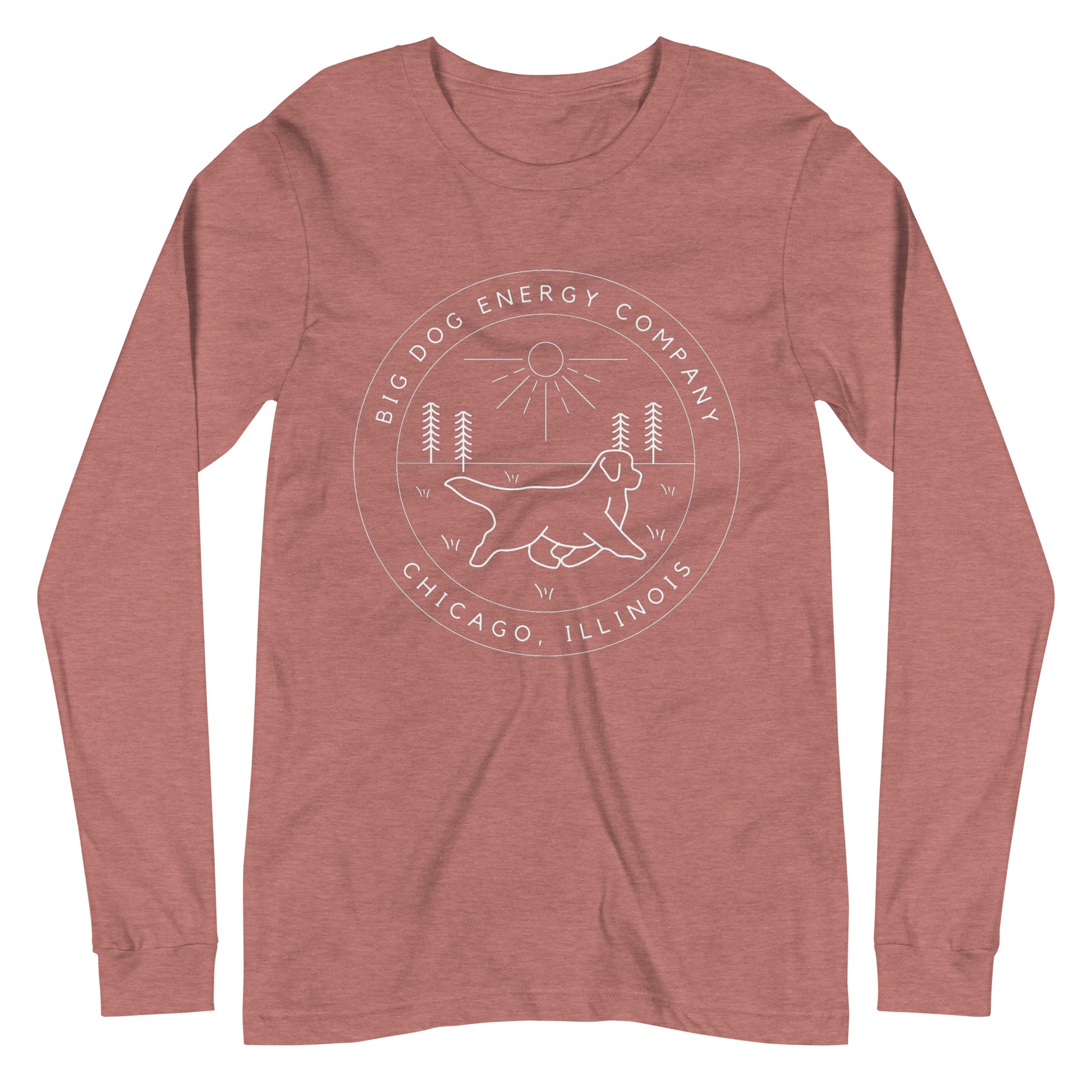 Heather mauve long sleeve t-shirt with the Big Dog Energy Company summer camp logo, which is white line art of the outline of a Newfoundland dog trotting through grass with primitive trees and a radiant sun in the background. All of this is encased by two concentric circles, with "Big Dog Energy Company, Chicago, Illinois" wrapped around the inside of the circles and surrounding the logo.