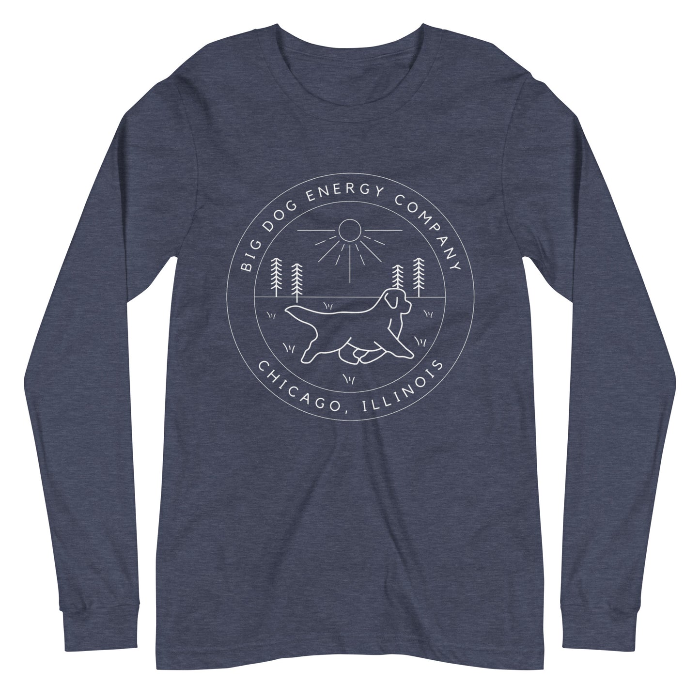 Heather navy long sleeve t-shirt with the Big Dog Energy Company summer camp logo, which is white line art of the outline of a Newfoundland dog trotting through grass with primitive trees and a radiant sun in the background. All of this is encased by two concentric circles, with "Big Dog Energy Company, Chicago, Illinois" wrapped around the inside of the circles and surrounding the logo.