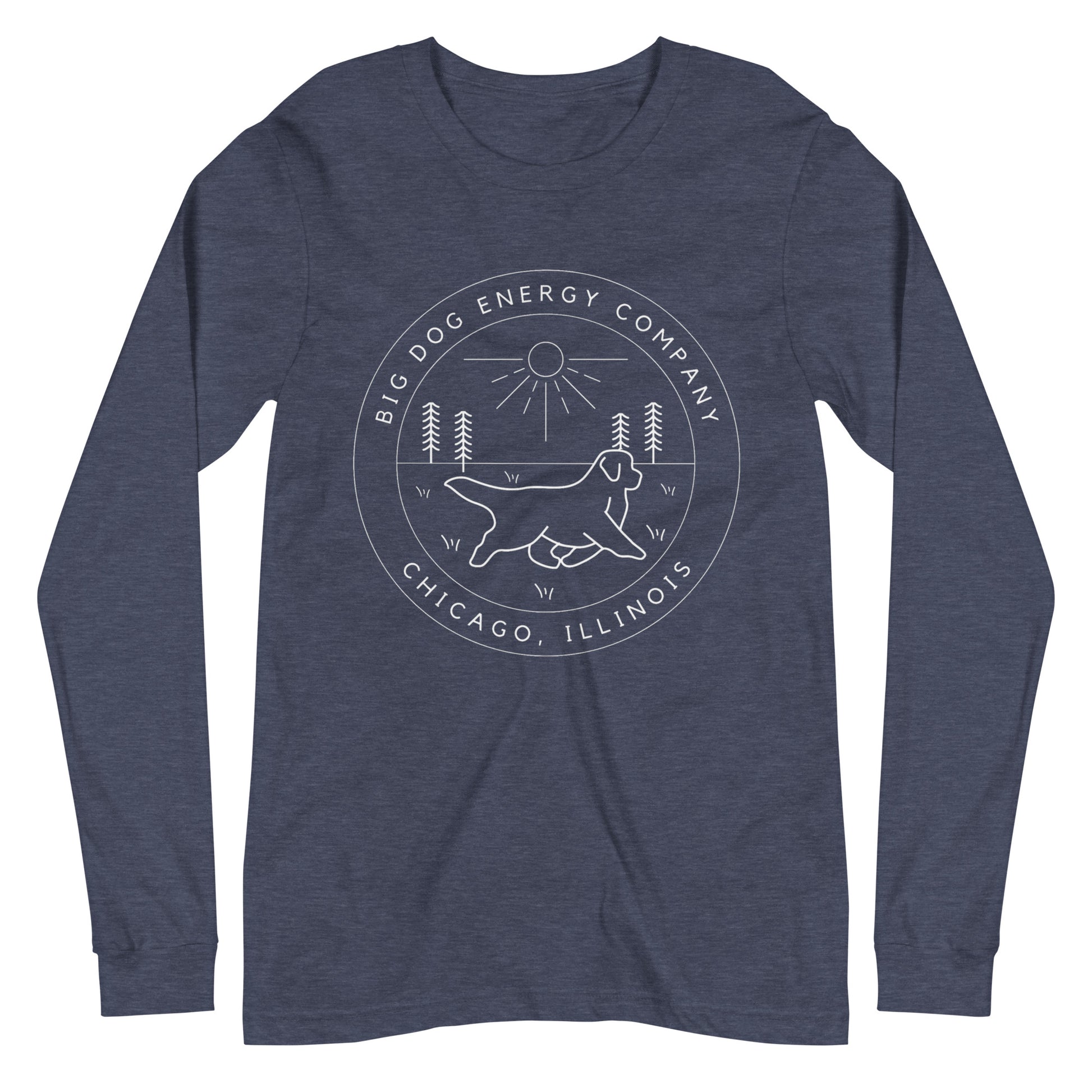 Heather navy long sleeve t-shirt with the Big Dog Energy Company summer camp logo, which is white line art of the outline of a Newfoundland dog trotting through grass with primitive trees and a radiant sun in the background. All of this is encased by two concentric circles, with "Big Dog Energy Company, Chicago, Illinois" wrapped around the inside of the circles and surrounding the logo.