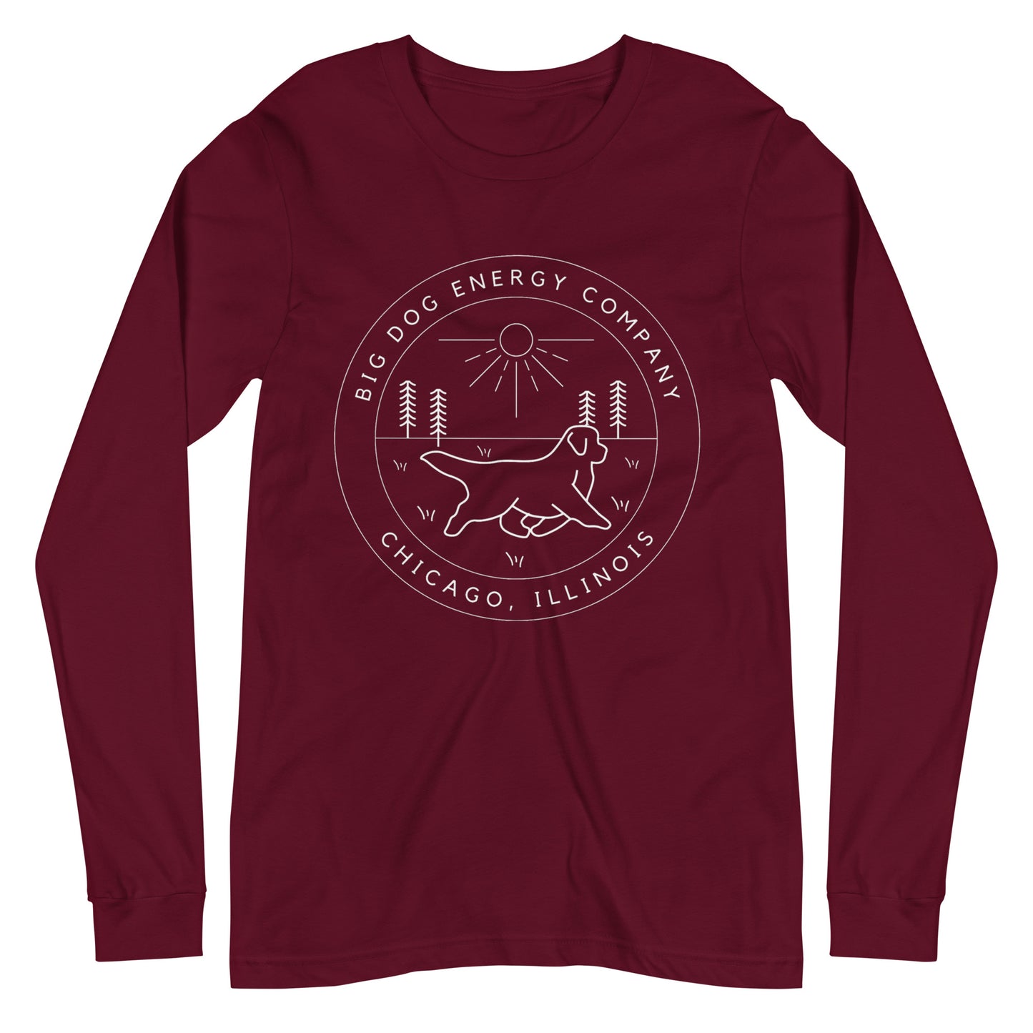 Maroon long sleeve t-shirt with the Big Dog Energy Company summer camp logo, which is white line art of the outline of a Newfoundland dog trotting through grass with primitive trees and a radiant sun in the background. All of this is encased by two concentric circles, with "Big Dog Energy Company, Chicago, Illinois" wrapped around the inside of the circles and surrounding the logo.