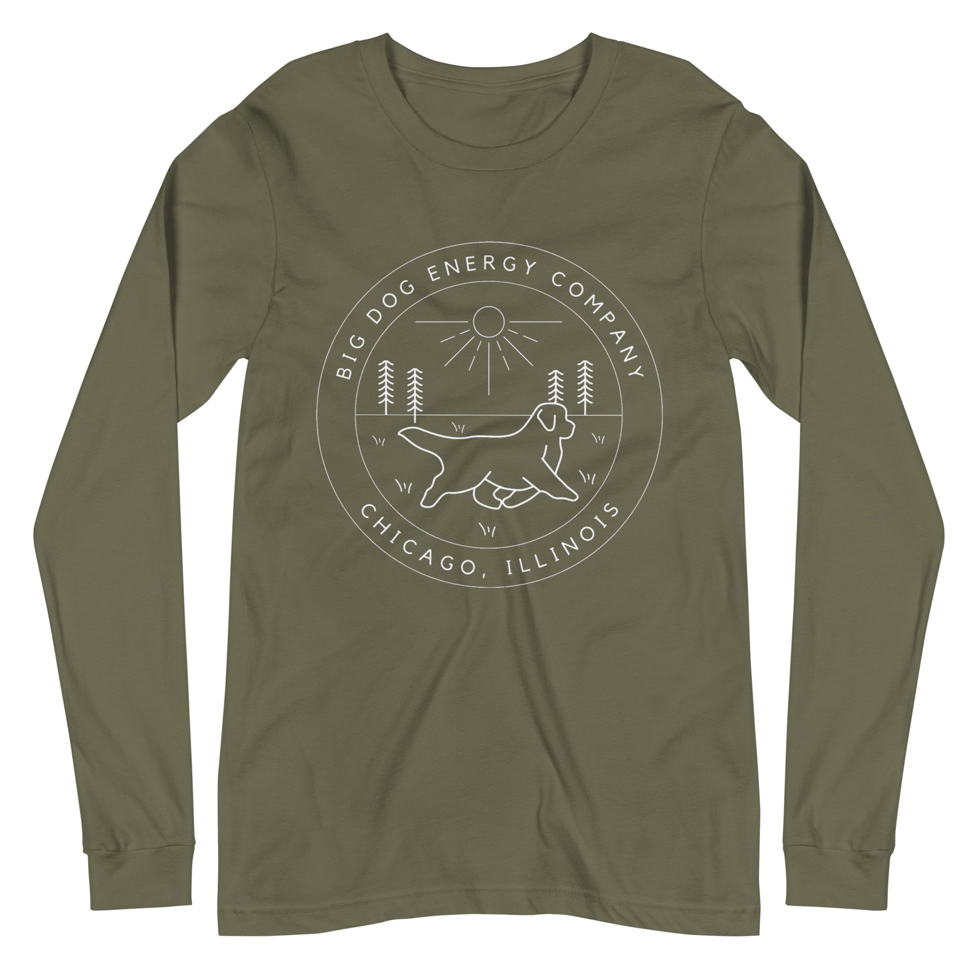 Military green long sleeve t-shirt with the Big Dog Energy Company summer camp logo, which is white line art of the outline of a Newfoundland dog trotting through grass with primitive trees and a radiant sun in the background. All of this is encased by two concentric circles, with "Big Dog Energy Company, Chicago, Illinois" wrapped around the inside of the circles and surrounding the logo.