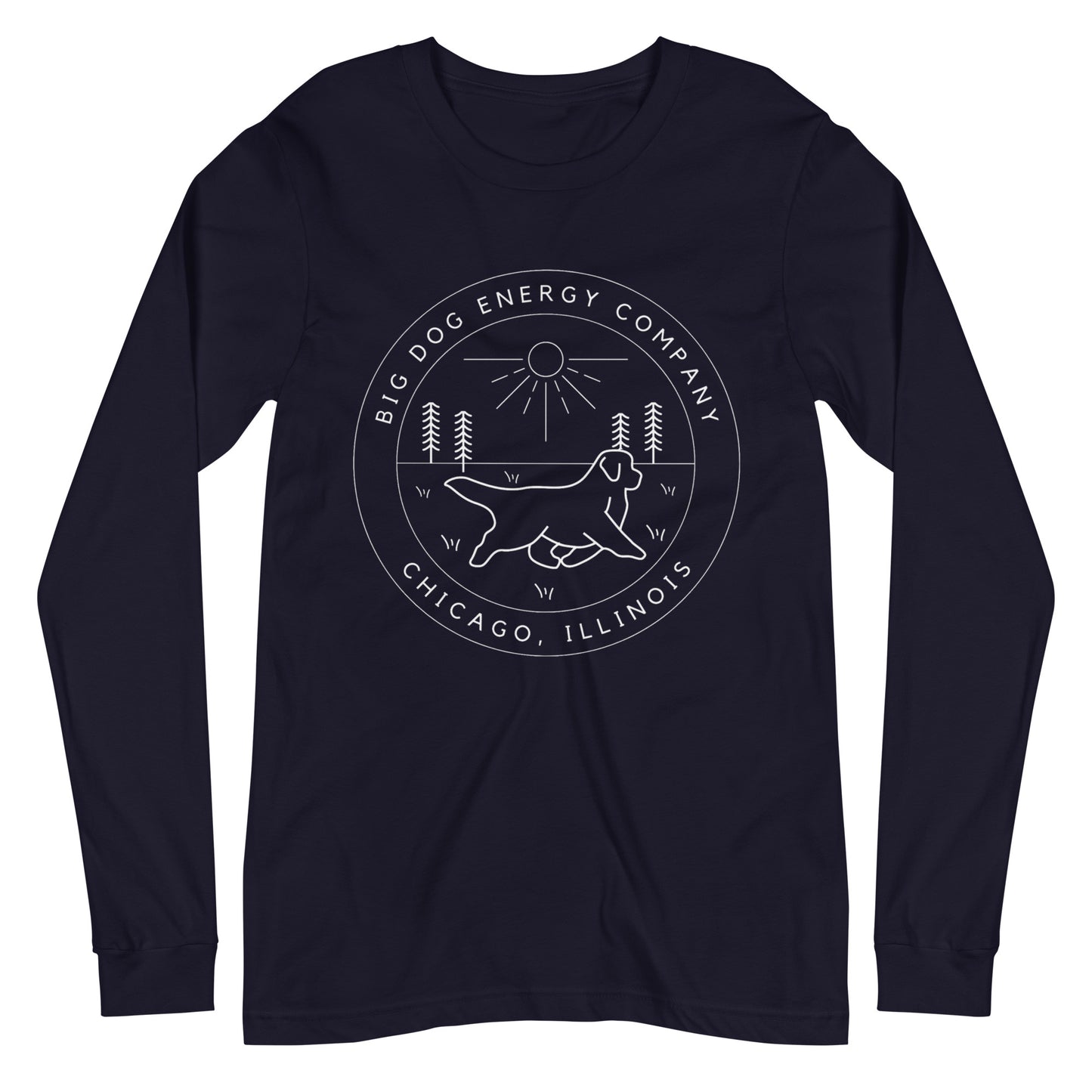 Navy long sleeve t-shirt with the Big Dog Energy Company summer camp logo, which is white line art of the outline of a Newfoundland dog trotting through grass with primitive trees and a radiant sun in the background. All of this is encased by two concentric circles, with "Big Dog Energy Company, Chicago, Illinois" wrapped around the inside of the circles and surrounding the logo.