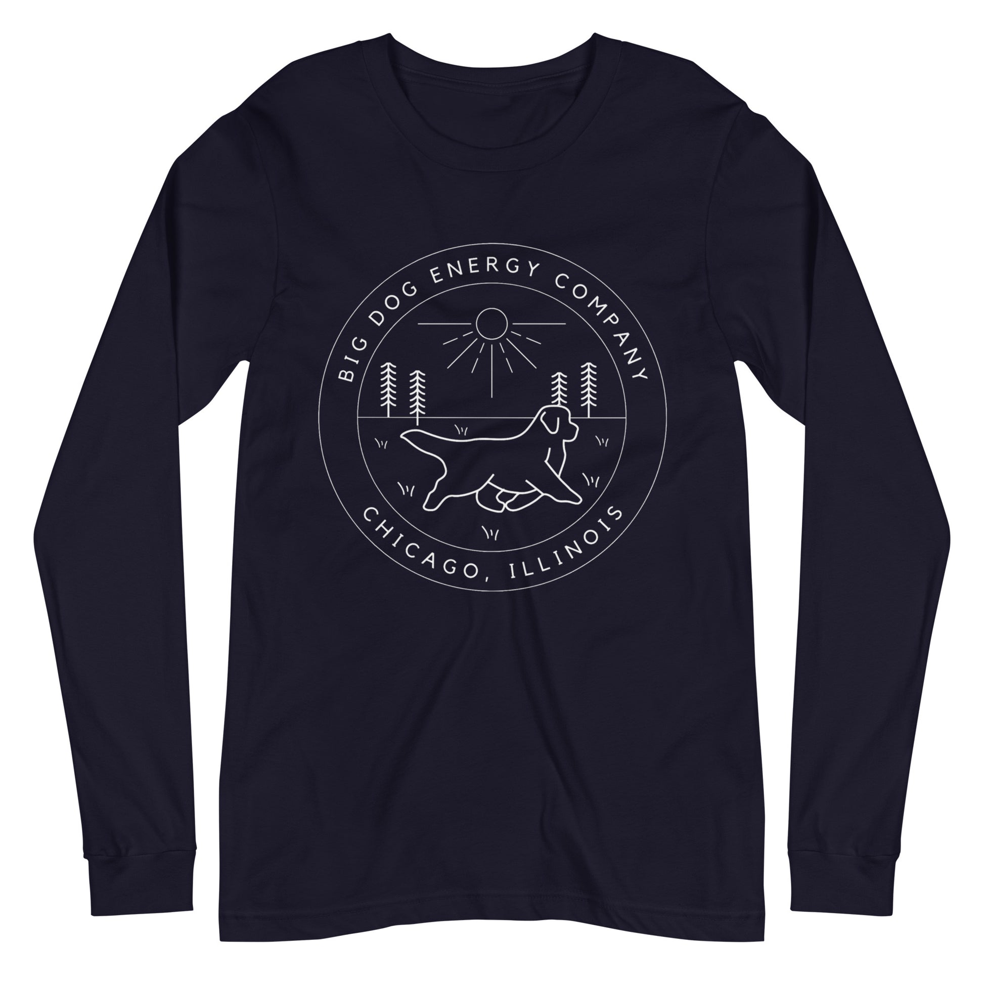 Navy long sleeve t-shirt with the Big Dog Energy Company summer camp logo, which is white line art of the outline of a Newfoundland dog trotting through grass with primitive trees and a radiant sun in the background. All of this is encased by two concentric circles, with "Big Dog Energy Company, Chicago, Illinois" wrapped around the inside of the circles and surrounding the logo.