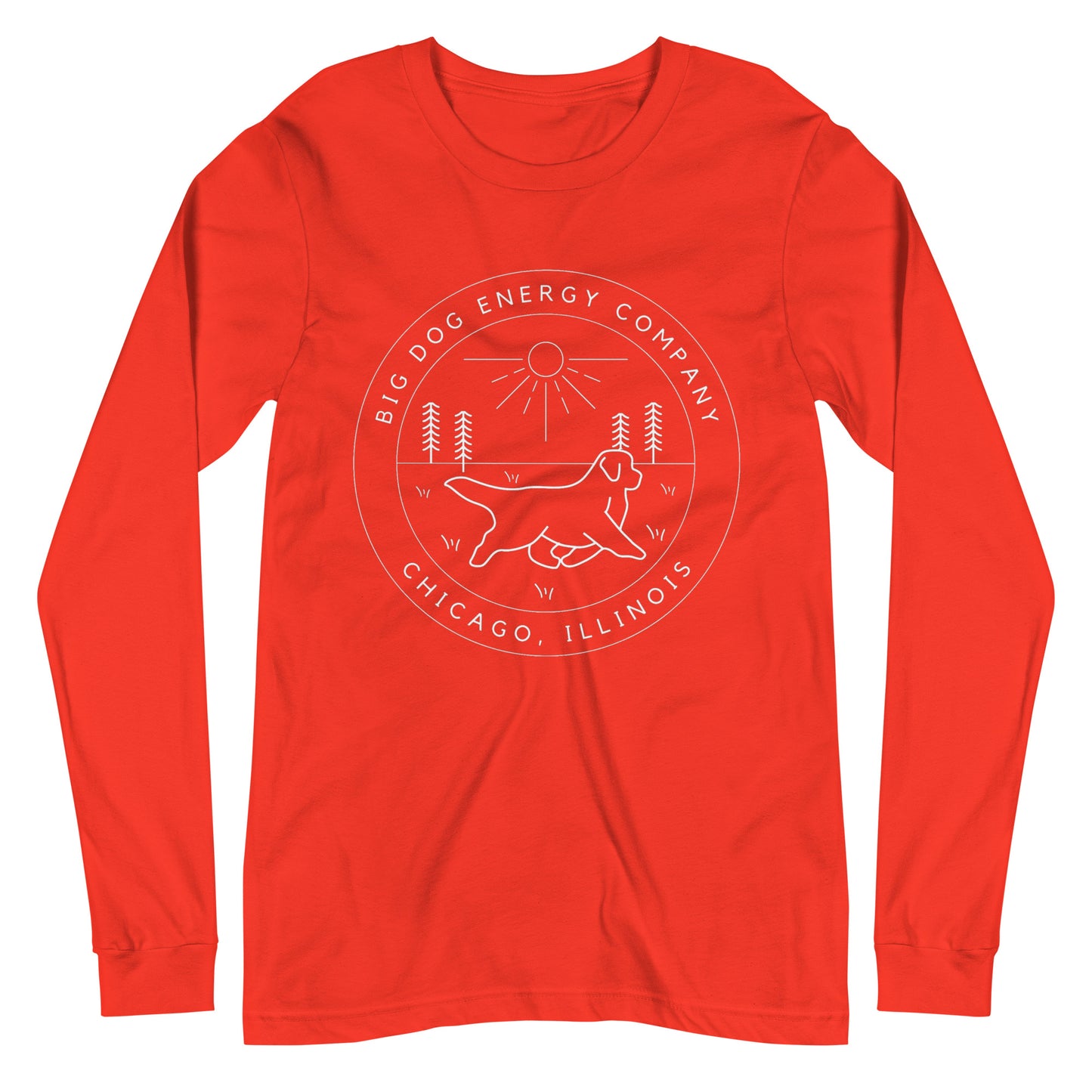 Poppy orange long sleeve t-shirt with the Big Dog Energy Company summer camp logo, which is white line art of the outline of a Newfoundland dog trotting through grass with primitive trees and a radiant sun in the background. All of this is encased by two concentric circles, with "Big Dog Energy Company, Chicago, Illinois" wrapped around the inside of the circles and surrounding the logo.