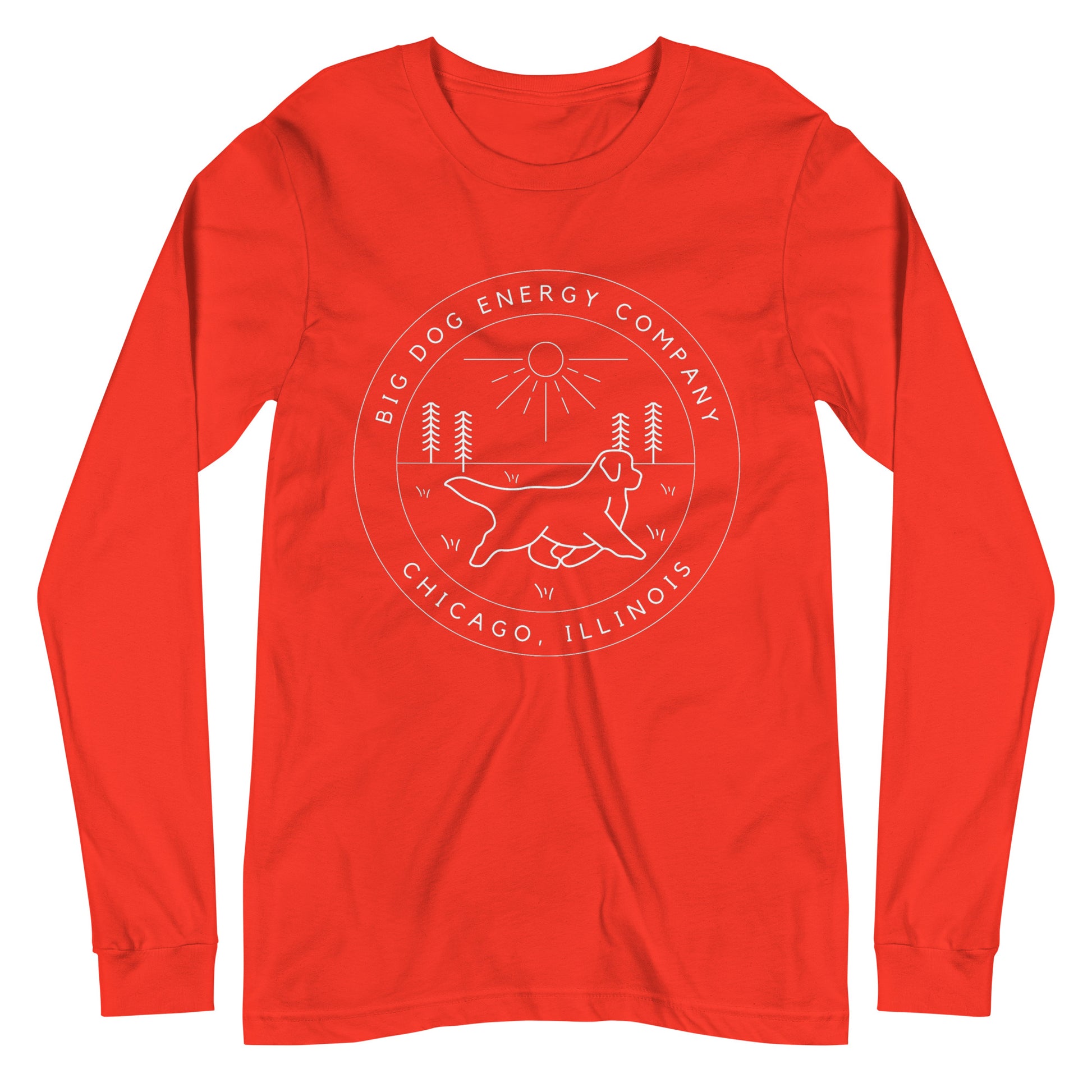 Poppy orange long sleeve t-shirt with the Big Dog Energy Company summer camp logo, which is white line art of the outline of a Newfoundland dog trotting through grass with primitive trees and a radiant sun in the background. All of this is encased by two concentric circles, with "Big Dog Energy Company, Chicago, Illinois" wrapped around the inside of the circles and surrounding the logo.