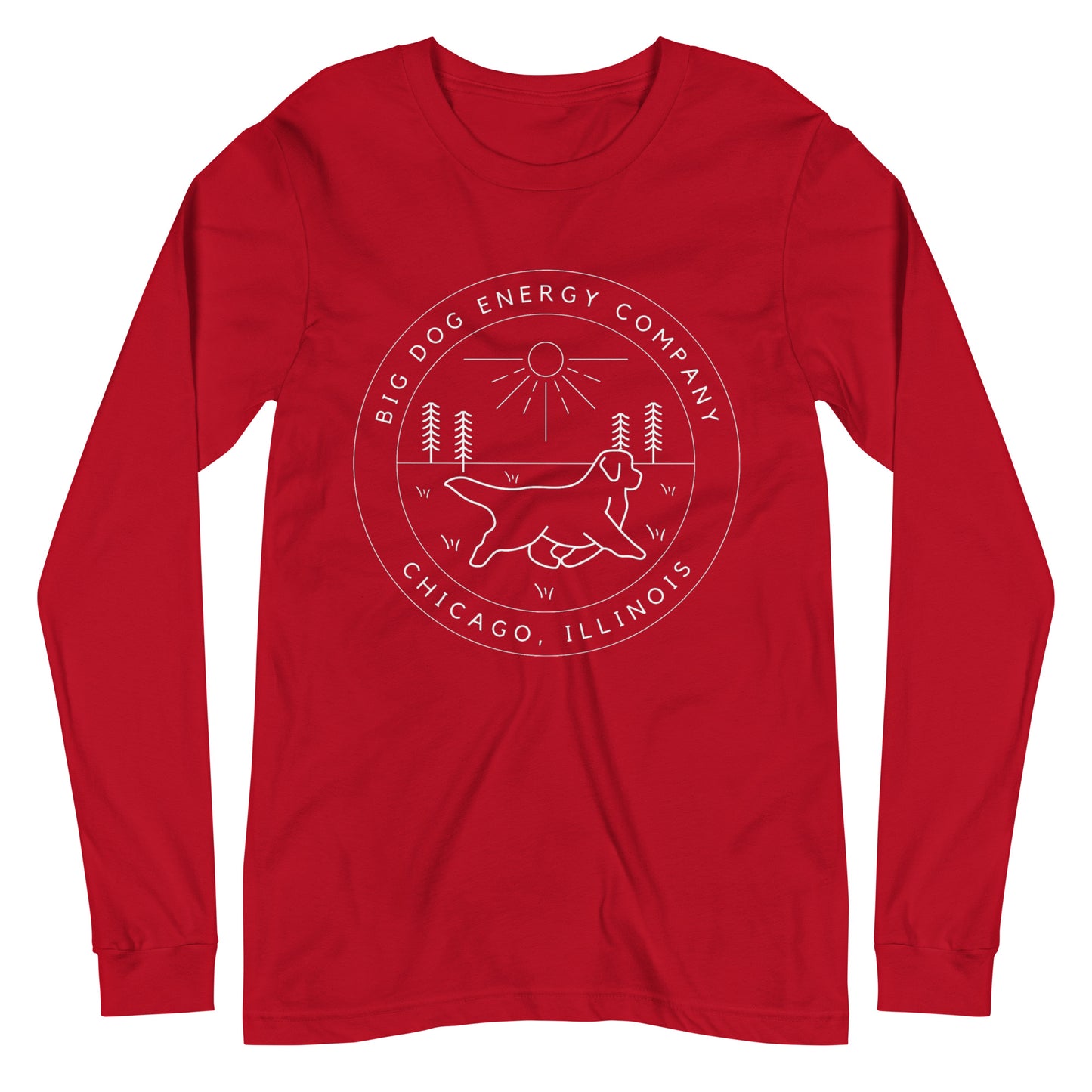 Red long sleeve t-shirt with the Big Dog Energy Company summer camp logo, which is white line art of the outline of a Newfoundland dog trotting through grass with primitive trees and a radiant sun in the background. All of this is encased by two concentric circles, with "Big Dog Energy Company, Chicago, Illinois" wrapped around the inside of the circles and surrounding the logo.