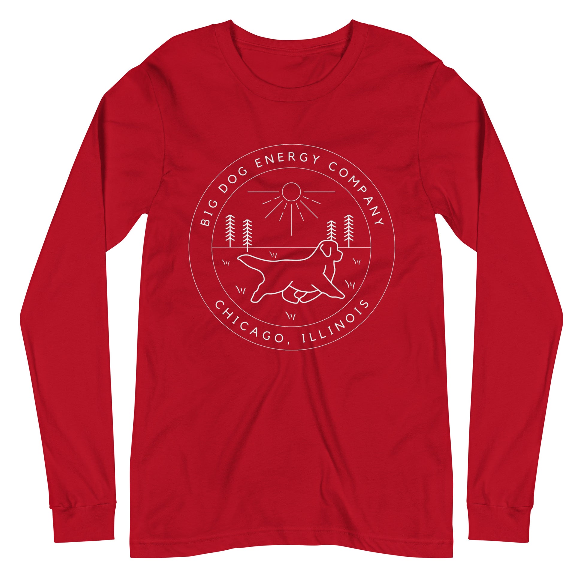 Red long sleeve t-shirt with the Big Dog Energy Company summer camp logo, which is white line art of the outline of a Newfoundland dog trotting through grass with primitive trees and a radiant sun in the background. All of this is encased by two concentric circles, with "Big Dog Energy Company, Chicago, Illinois" wrapped around the inside of the circles and surrounding the logo.