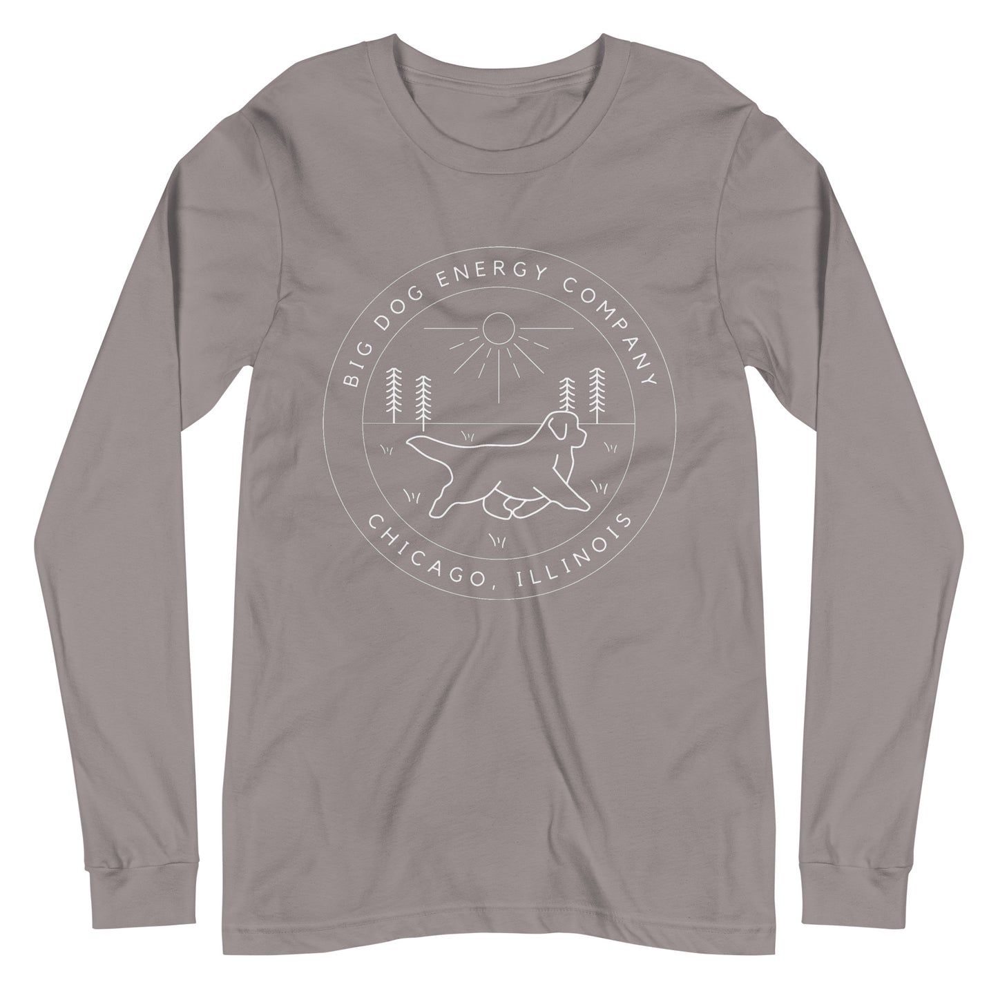 Storm grey long sleeve t-shirt with the Big Dog Energy Company summer camp logo, which is white line art of the outline of a Newfoundland dog trotting through grass with primitive trees and a radiant sun in the background. All of this is encased by two concentric circles, with "Big Dog Energy Company, Chicago, Illinois" wrapped around the inside of the circles and surrounding the logo.