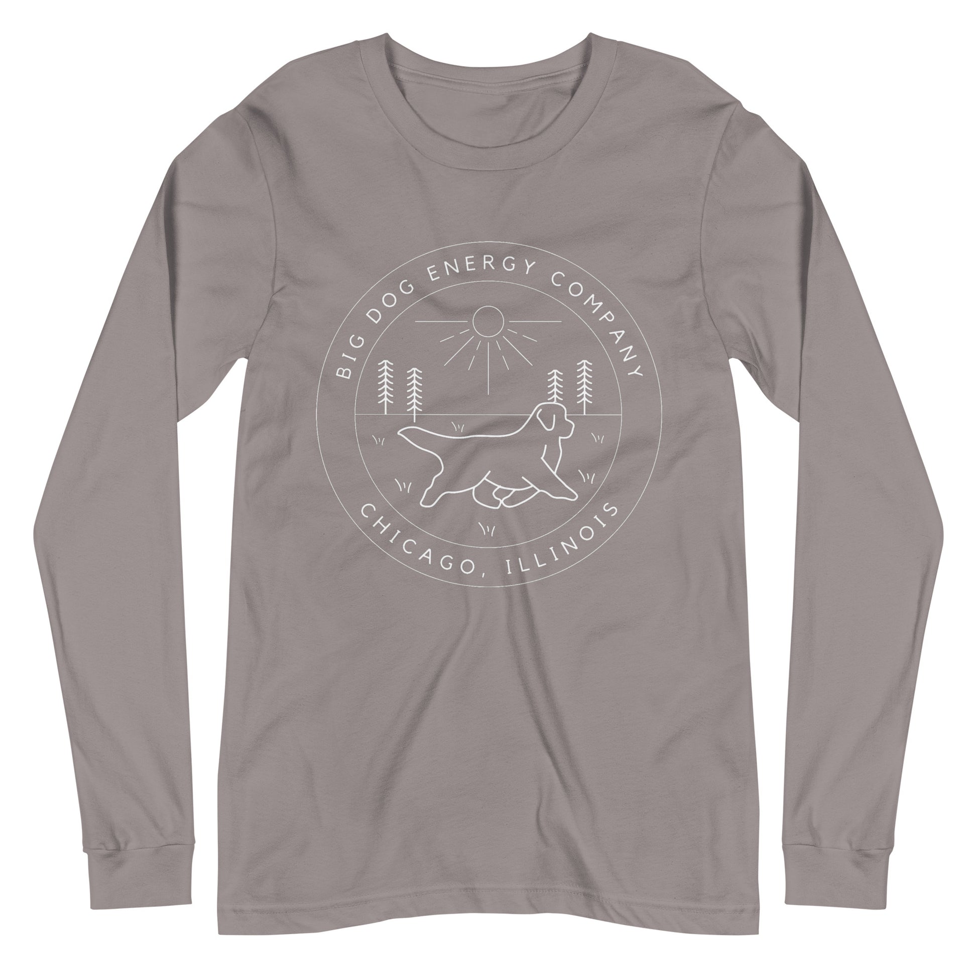 Storm grey long sleeve t-shirt with the Big Dog Energy Company summer camp logo, which is white line art of the outline of a Newfoundland dog trotting through grass with primitive trees and a radiant sun in the background. All of this is encased by two concentric circles, with "Big Dog Energy Company, Chicago, Illinois" wrapped around the inside of the circles and surrounding the logo.