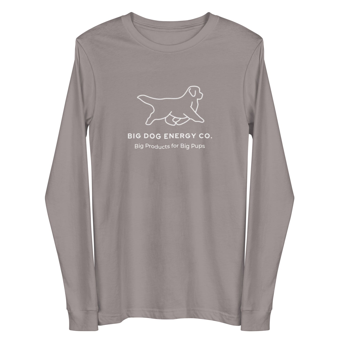 Storm grey long sleeve t-shirt showing the white Big Dog Energy Company logo, which is a Newfoundland dog silhouette over the company name, with a smaller saying "Big Products for Big Pups" underneath the logo, also in white text.