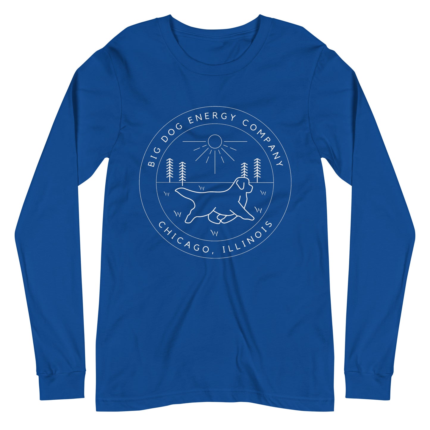 True royal blue long sleeve t-shirt with the Big Dog Energy Company summer camp logo, which is white line art of the outline of a Newfoundland dog trotting through grass with primitive trees and a radiant sun in the background. All of this is encased by two concentric circles, with "Big Dog Energy Company, Chicago, Illinois" wrapped around the inside of the circles and surrounding the logo.