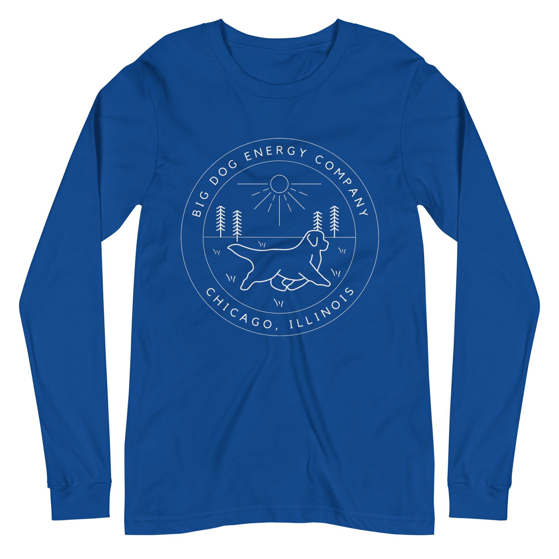 True royal blue long sleeve t-shirt with the Big Dog Energy Company summer camp logo, which is white line art of the outline of a Newfoundland dog trotting through grass with primitive trees and a radiant sun in the background. All of this is encased by two concentric circles, with "Big Dog Energy Company, Chicago, Illinois" wrapped around the inside of the circles and surrounding the logo.