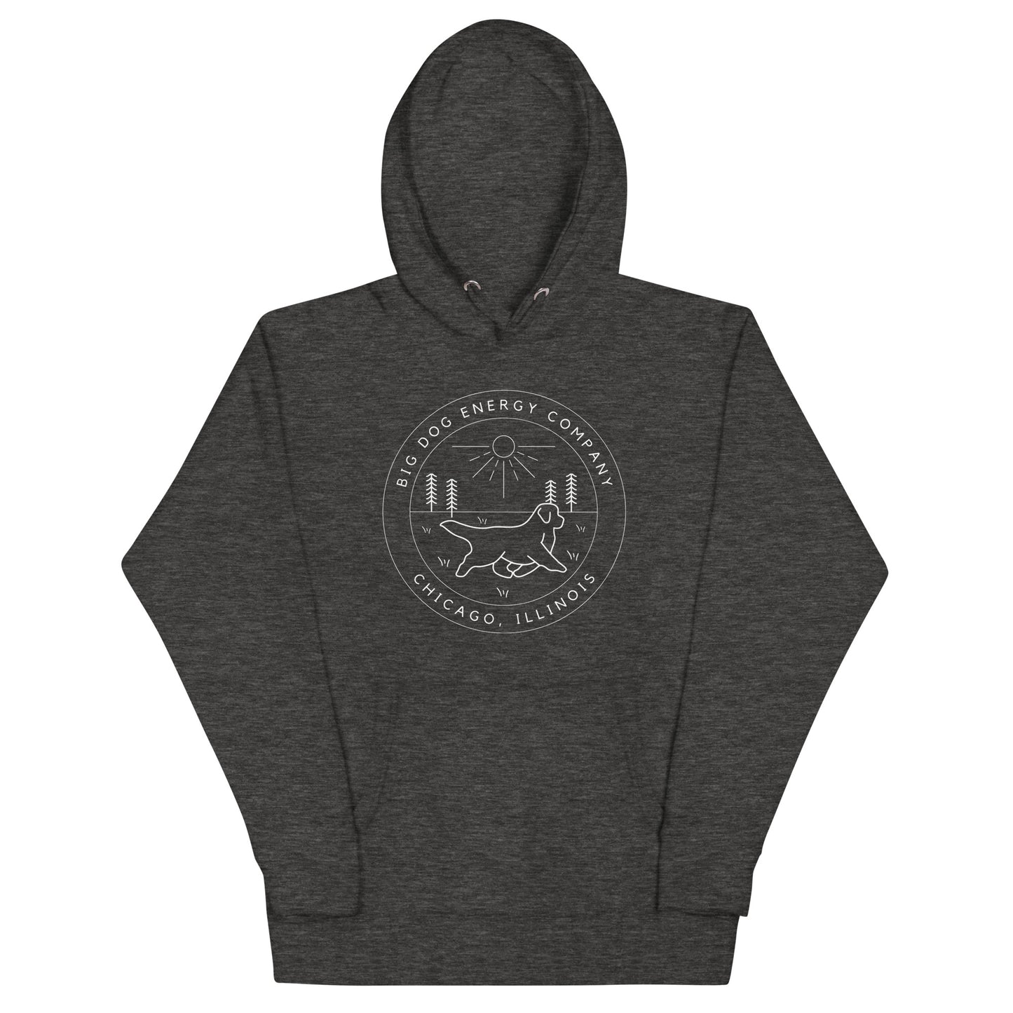 Charcoal grey heather hoodie with the Big Dog Energy Company summer camp logo, which is white line art of the outline of a Newfoundland dog trotting through grass with primitive trees and a radiant sun in the background. All of this is encased by two concentric circles, with "Big Dog Energy Company, Chicago, Illinois" wrapped around the inside of the circles and surrounding the logo.