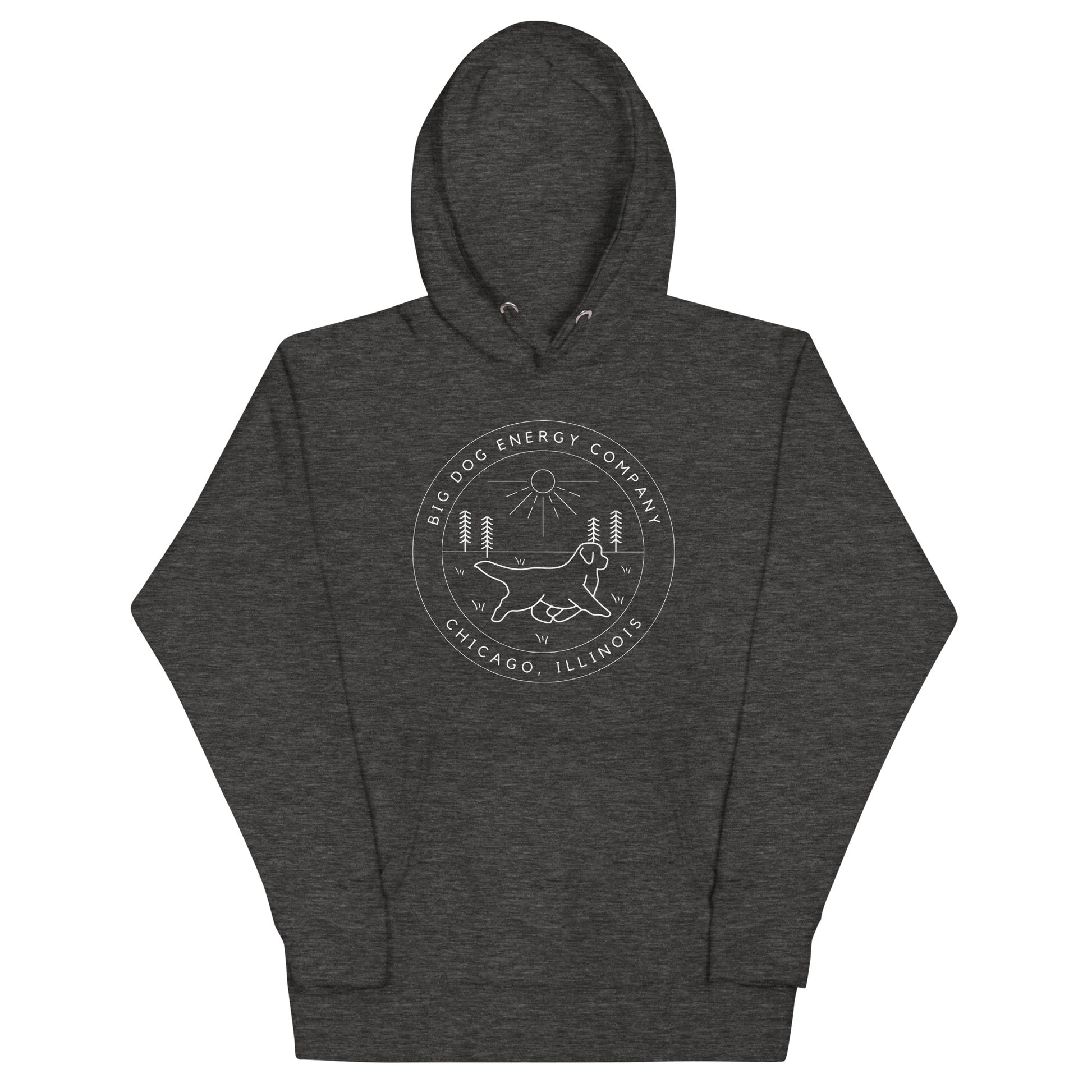 Charcoal grey heather hoodie with the Big Dog Energy Company summer camp logo, which is white line art of the outline of a Newfoundland dog trotting through grass with primitive trees and a radiant sun in the background. All of this is encased by two concentric circles, with "Big Dog Energy Company, Chicago, Illinois" wrapped around the inside of the circles and surrounding the logo.