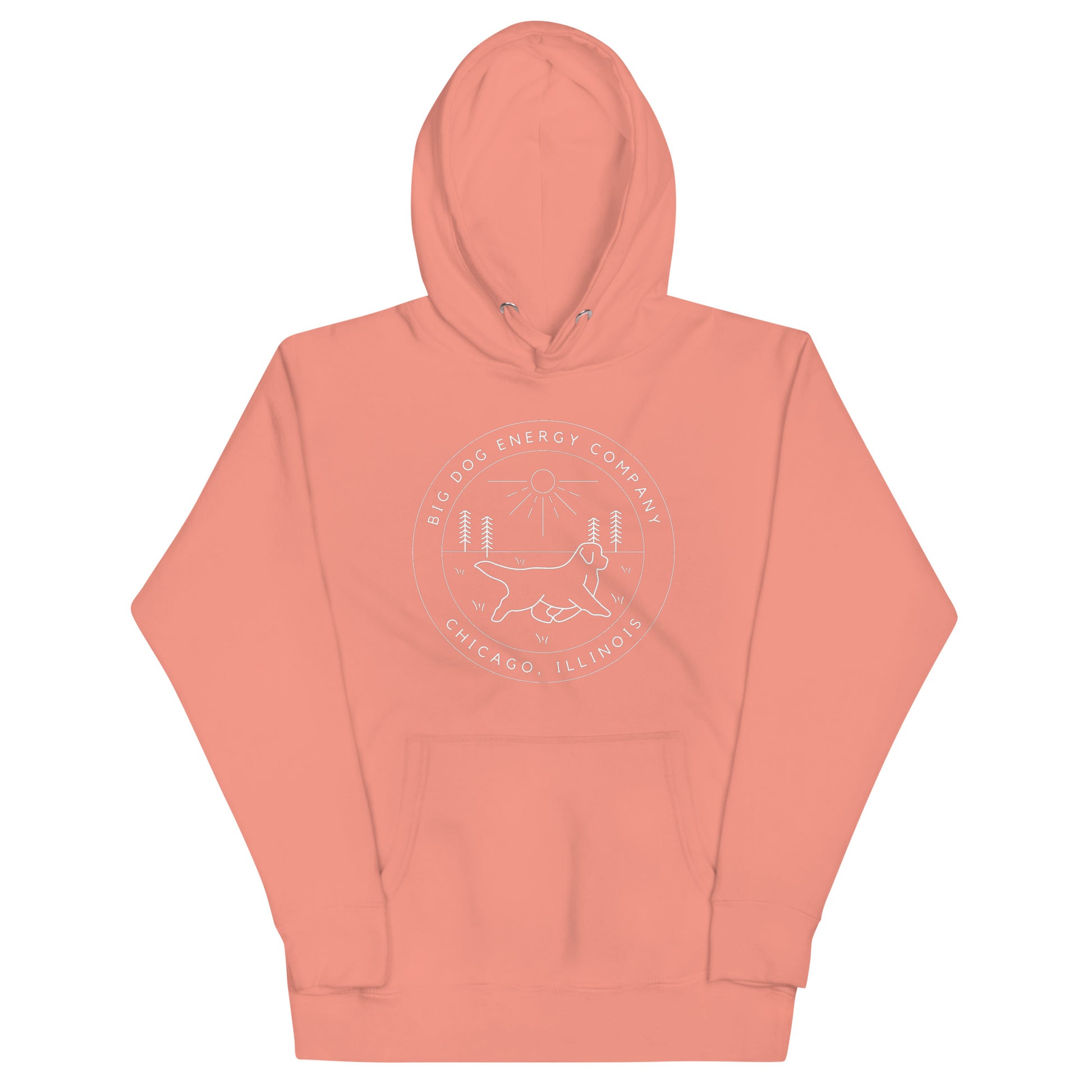 Dusty rose pink hoodie with the Big Dog Energy Company summer camp logo, which is white line art of the outline of a Newfoundland dog trotting through grass with primitive trees and a radiant sun in the background. All of this is encased by two concentric circles, with "Big Dog Energy Company, Chicago, Illinois" wrapped around the inside of the circles and surrounding the logo.