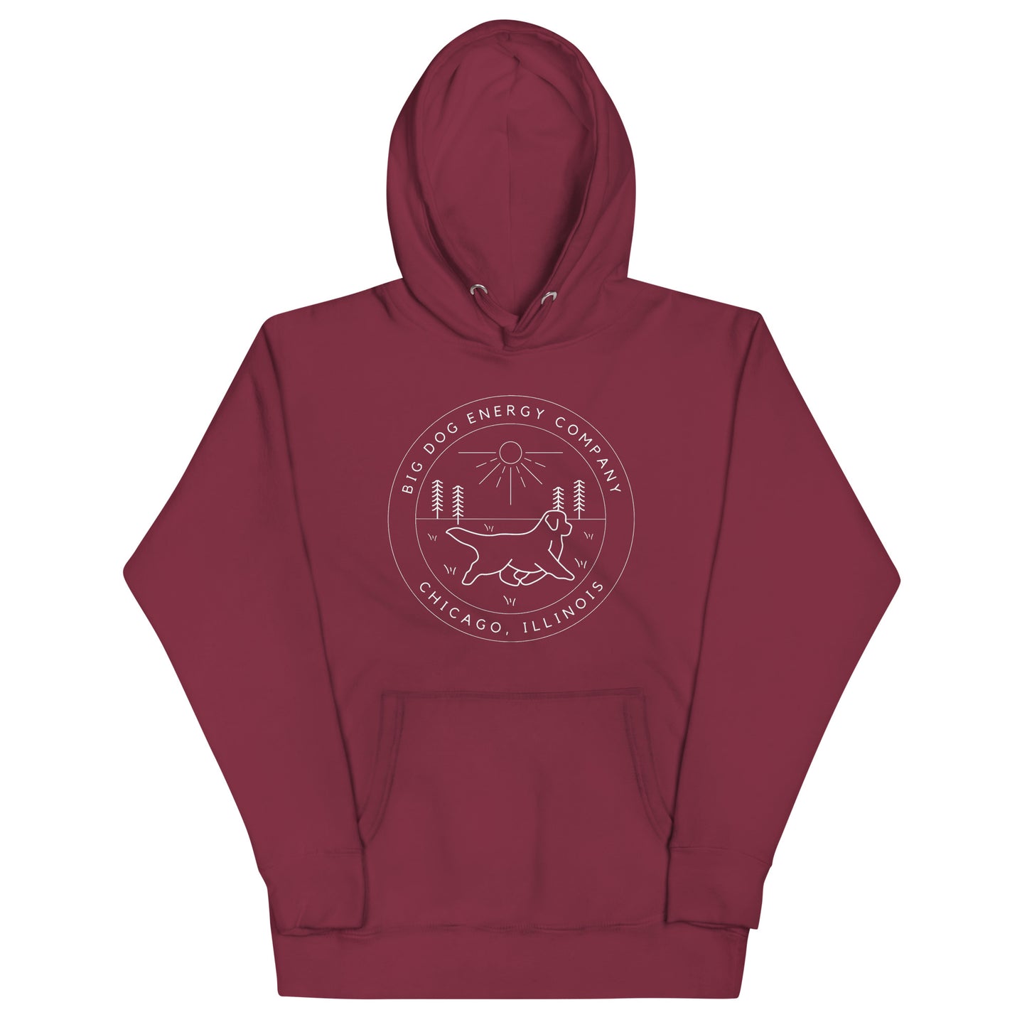 Maroon hoodie with the Big Dog Energy Company summer camp logo, which is white line art of the outline of a Newfoundland dog trotting through grass with primitive trees and a radiant sun in the background. All of this is encased by two concentric circles, with "Big Dog Energy Company, Chicago, Illinois" wrapped around the inside of the circles and surrounding the logo.