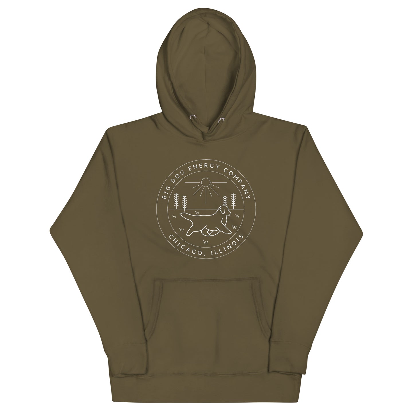 Military green hoodie with the Big Dog Energy Company summer camp logo, which is white line art of the outline of a Newfoundland dog trotting through grass with primitive trees and a radiant sun in the background. All of this is encased by two concentric circles, with "Big Dog Energy Company, Chicago, Illinois" wrapped around the inside of the circles and surrounding the logo.