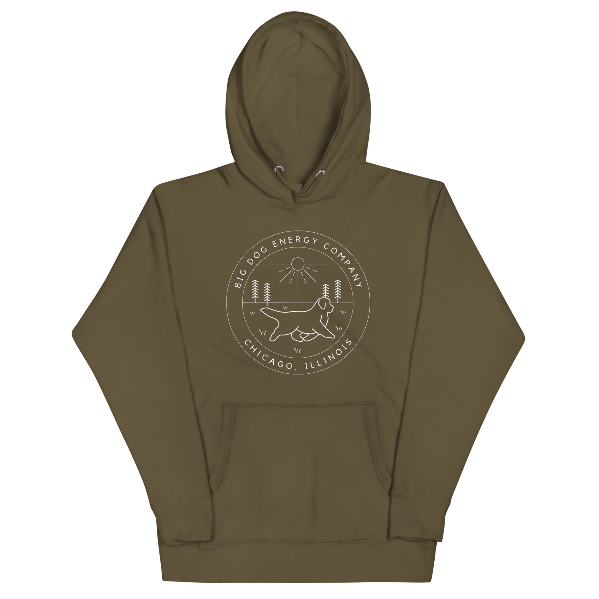 Military green hoodie with the Big Dog Energy Company summer camp logo, which is white line art of the outline of a Newfoundland dog trotting through grass with primitive trees and a radiant sun in the background. All of this is encased by two concentric circles, with "Big Dog Energy Company, Chicago, Illinois" wrapped around the inside of the circles and surrounding the logo.