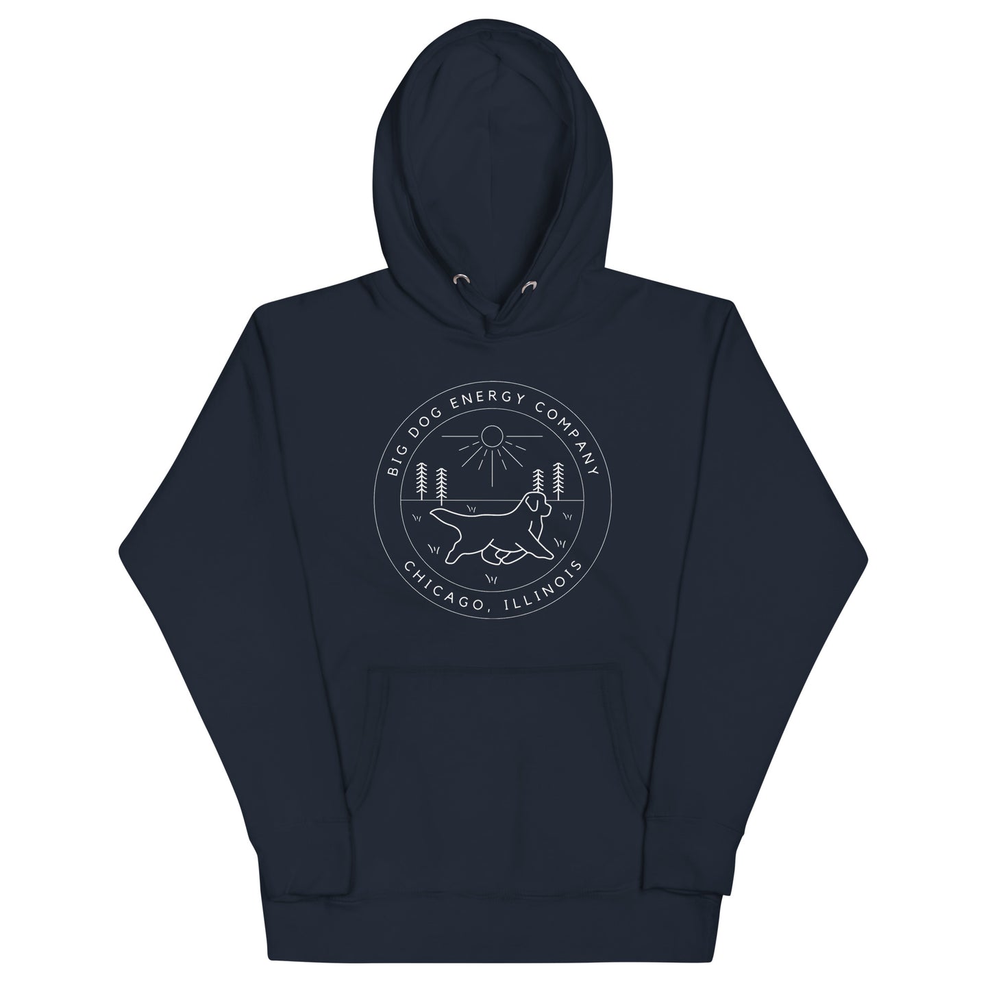 Navy hoodie with the Big Dog Energy Company summer camp logo, which is white line art of the outline of a Newfoundland dog trotting through grass with primitive trees and a radiant sun in the background. All of this is encased by two concentric circles, with "Big Dog Energy Company, Chicago, Illinois" wrapped around the inside of the circles and surrounding the logo.