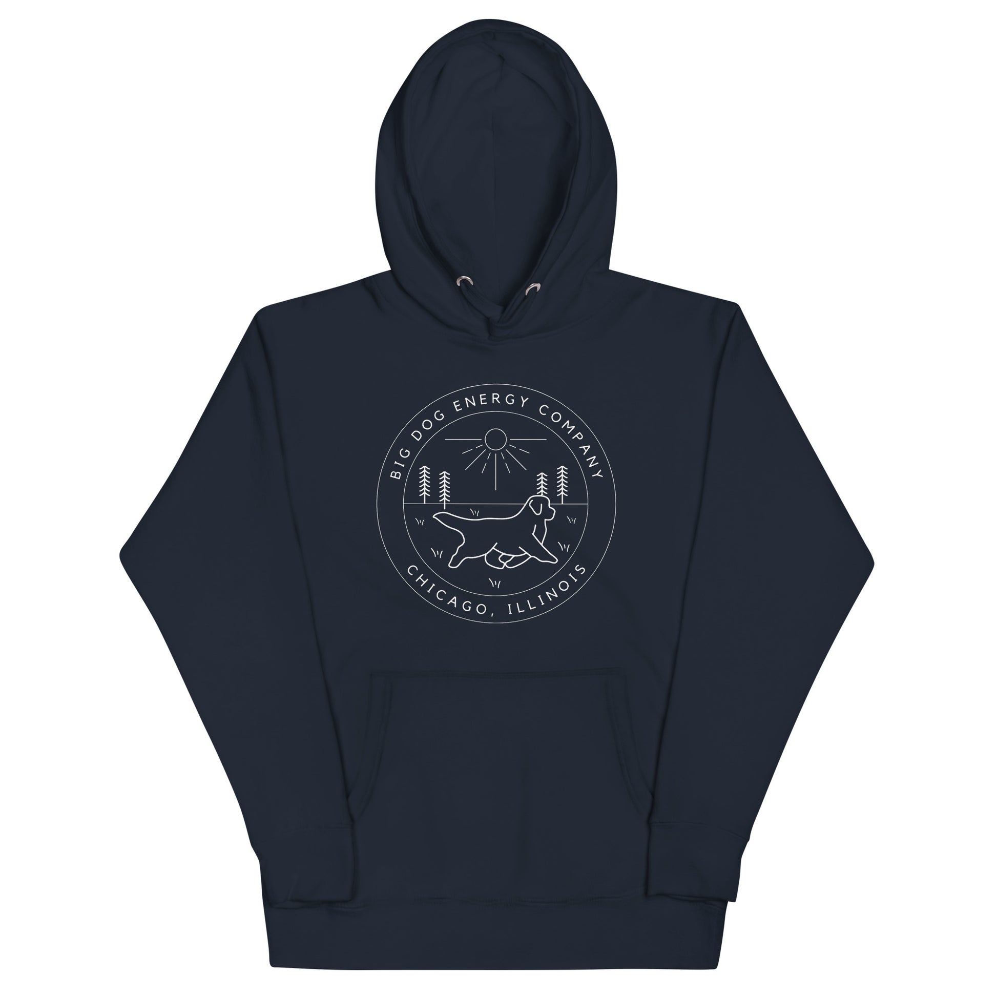 Navy hoodie with the Big Dog Energy Company summer camp logo, which is white line art of the outline of a Newfoundland dog trotting through grass with primitive trees and a radiant sun in the background. All of this is encased by two concentric circles, with "Big Dog Energy Company, Chicago, Illinois" wrapped around the inside of the circles and surrounding the logo.