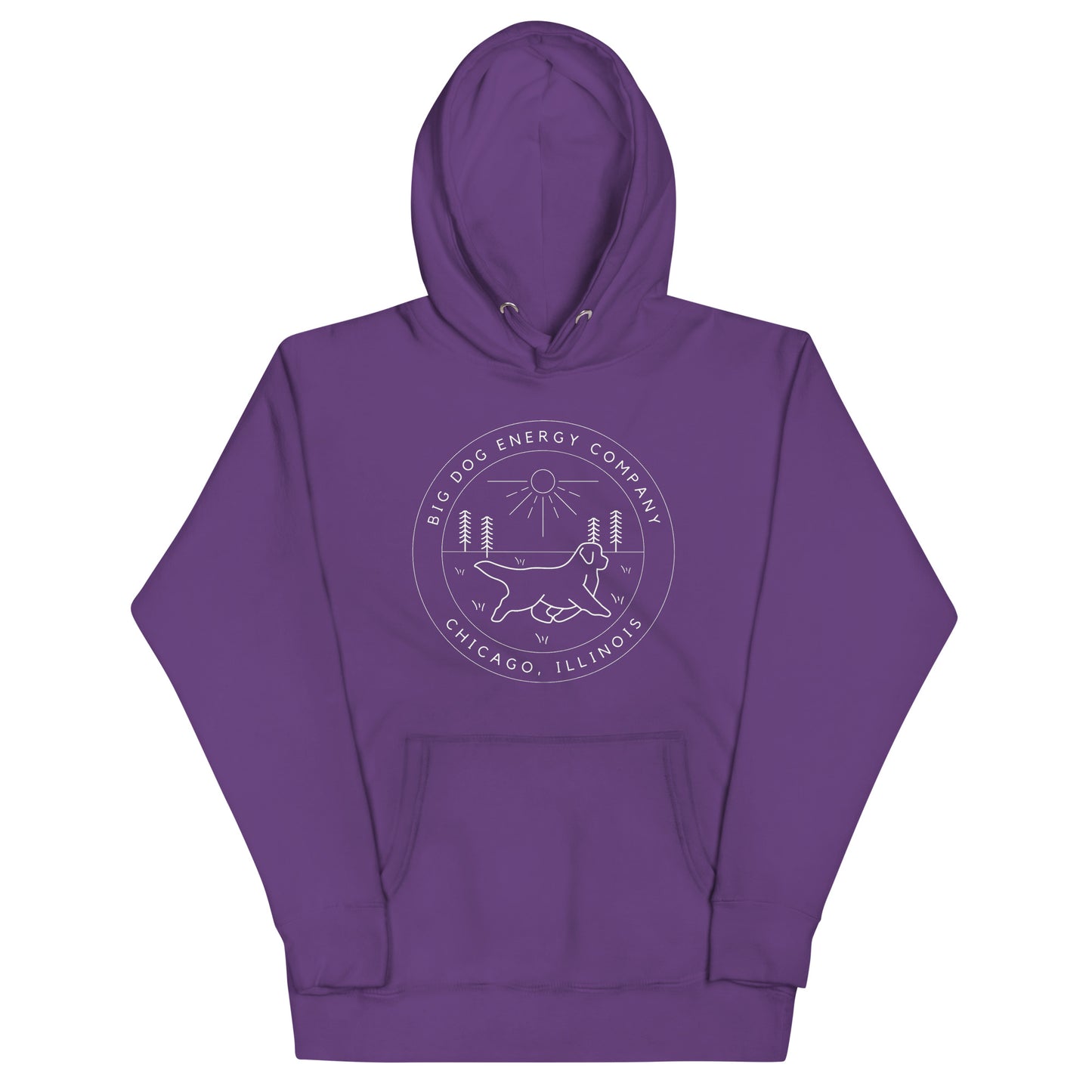 Purple hoodie with the Big Dog Energy Company summer camp logo, which is white line art of the outline of a Newfoundland dog trotting through grass with primitive trees and a radiant sun in the background. All of this is encased by two concentric circles, with "Big Dog Energy Company, Chicago, Illinois" wrapped around the inside of the circles and surrounding the logo.