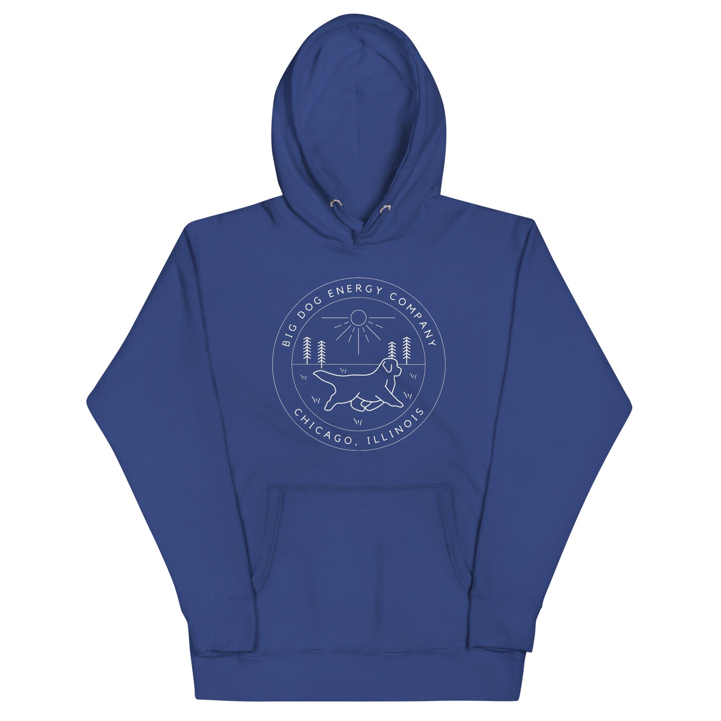 Royal blue hoodie with the Big Dog Energy Company summer camp logo, which is white line art of the outline of a Newfoundland dog trotting through grass with primitive trees and a radiant sun in the background. All of this is encased by two concentric circles, with "Big Dog Energy Company, Chicago, Illinois" wrapped around the inside of the circles and surrounding the logo.
