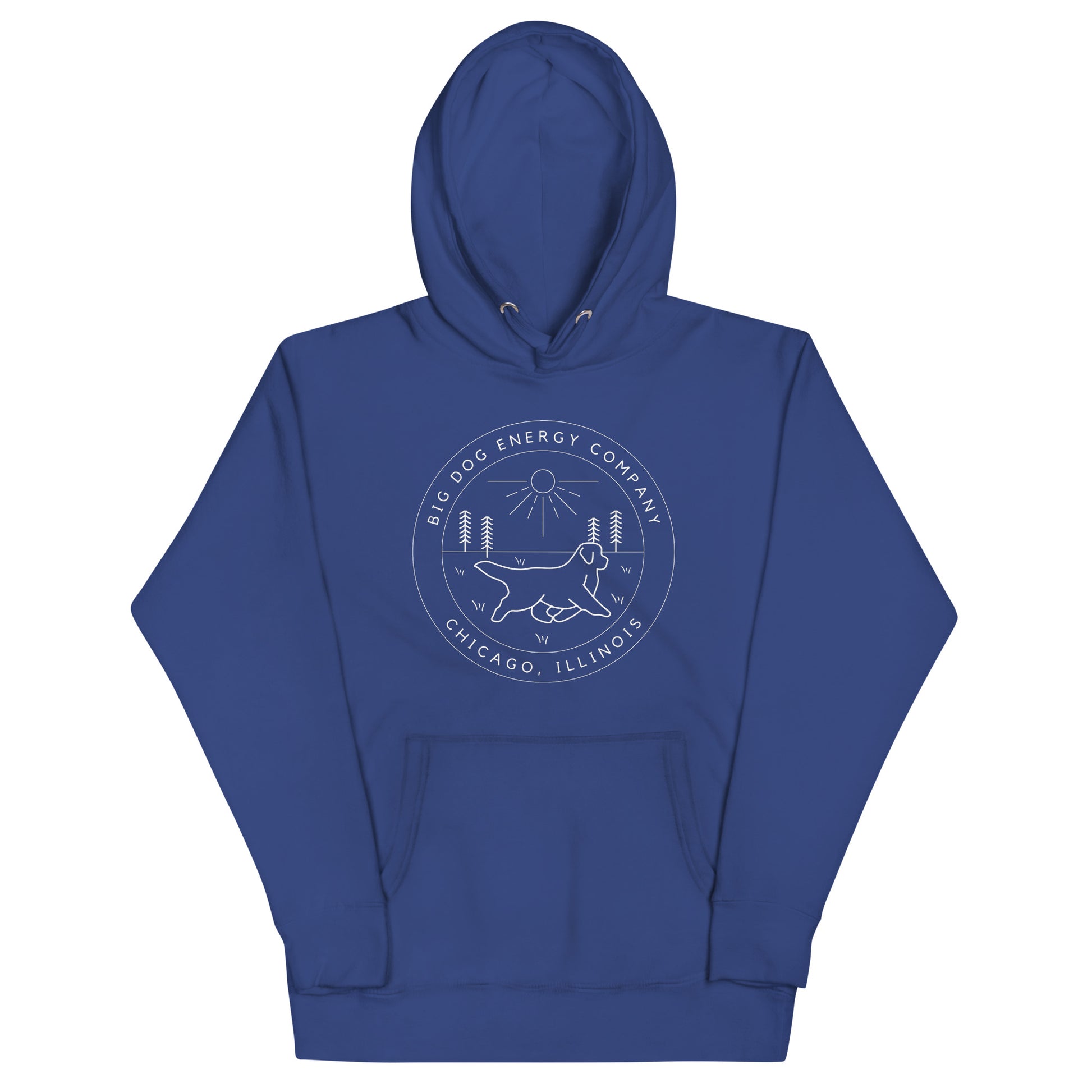 Royal blue hoodie with the Big Dog Energy Company summer camp logo, which is white line art of the outline of a Newfoundland dog trotting through grass with primitive trees and a radiant sun in the background. All of this is encased by two concentric circles, with "Big Dog Energy Company, Chicago, Illinois" wrapped around the inside of the circles and surrounding the logo.