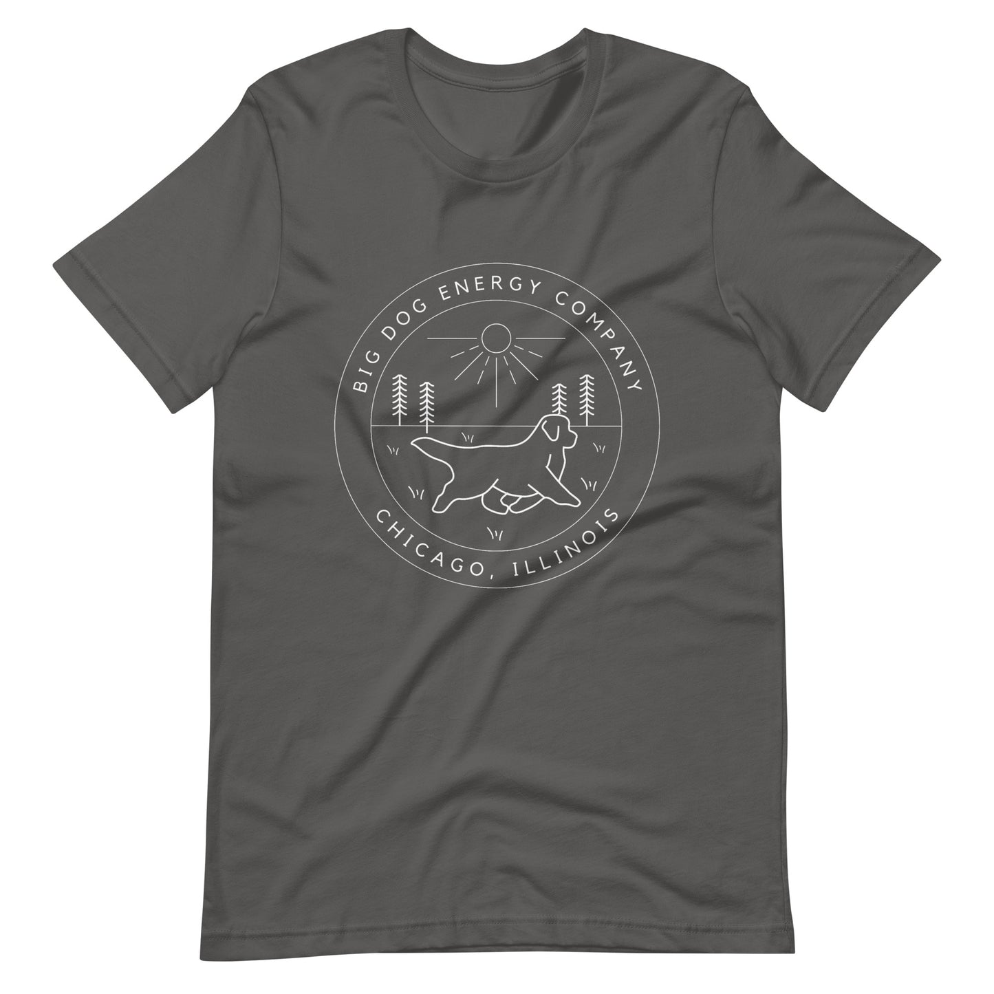 Asphalt grey t-shirt with the Big Dog Energy Company summer camp logo, which is white line art of the outline of a Newfoundland dog trotting through grass with primitive trees and a radiant sun in the background. All of this is encased by two concentric circles, with "Big Dog Energy Company, Chicago, Illinois" wrapped around the inside of the circles and surrounding the logo.
