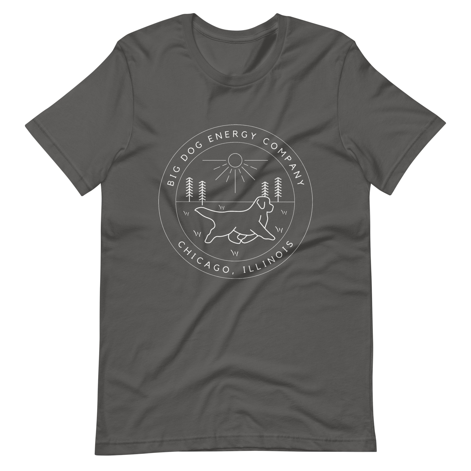 Asphalt grey t-shirt with the Big Dog Energy Company summer camp logo, which is white line art of the outline of a Newfoundland dog trotting through grass with primitive trees and a radiant sun in the background. All of this is encased by two concentric circles, with "Big Dog Energy Company, Chicago, Illinois" wrapped around the inside of the circles and surrounding the logo.