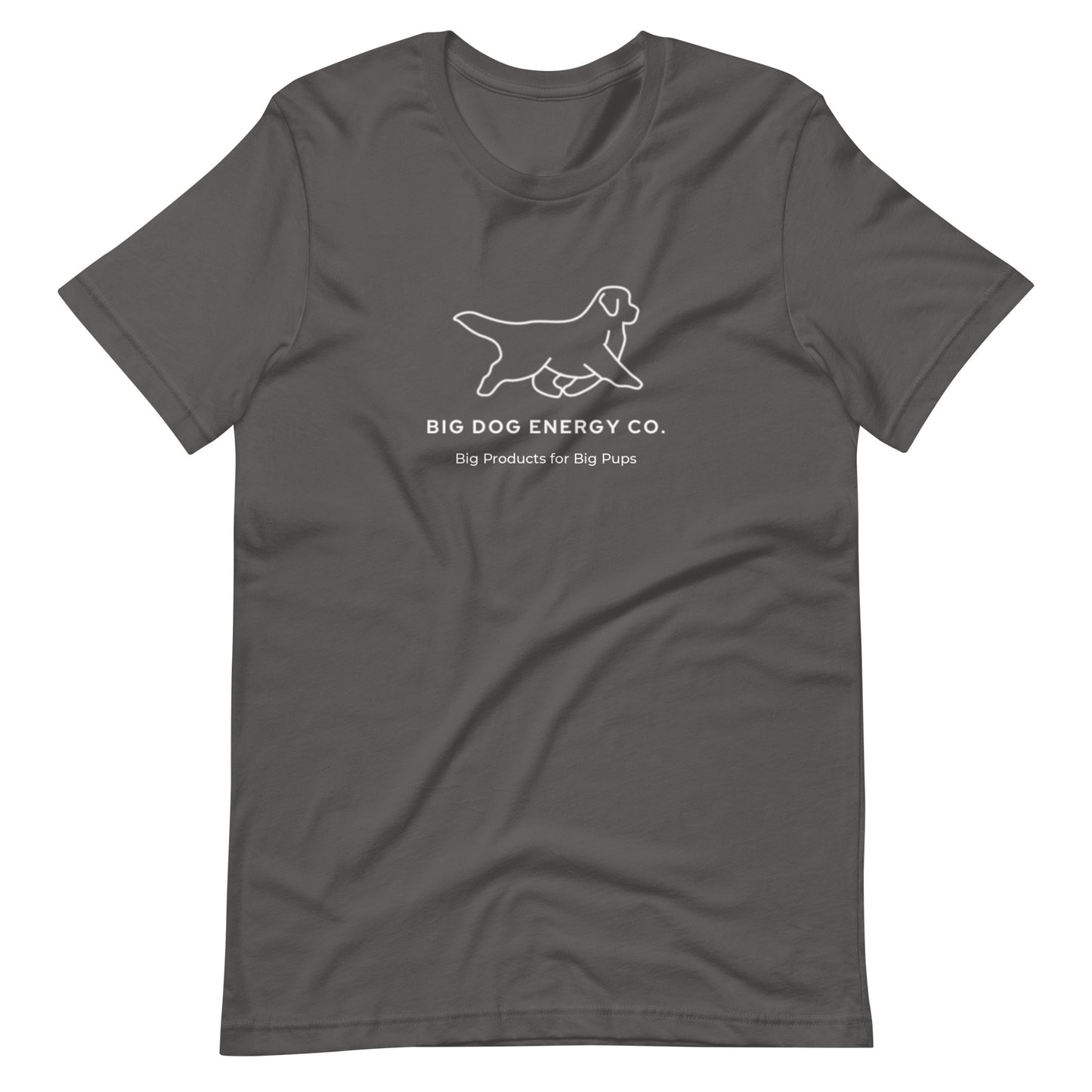 Asphalt grey t-shirt showing the white Big Dog Energy Company logo, which is a Newfoundland dog silhouette over the company name, with a smaller saying "Big Products for Big Pups" underneath the logo, also in white text.