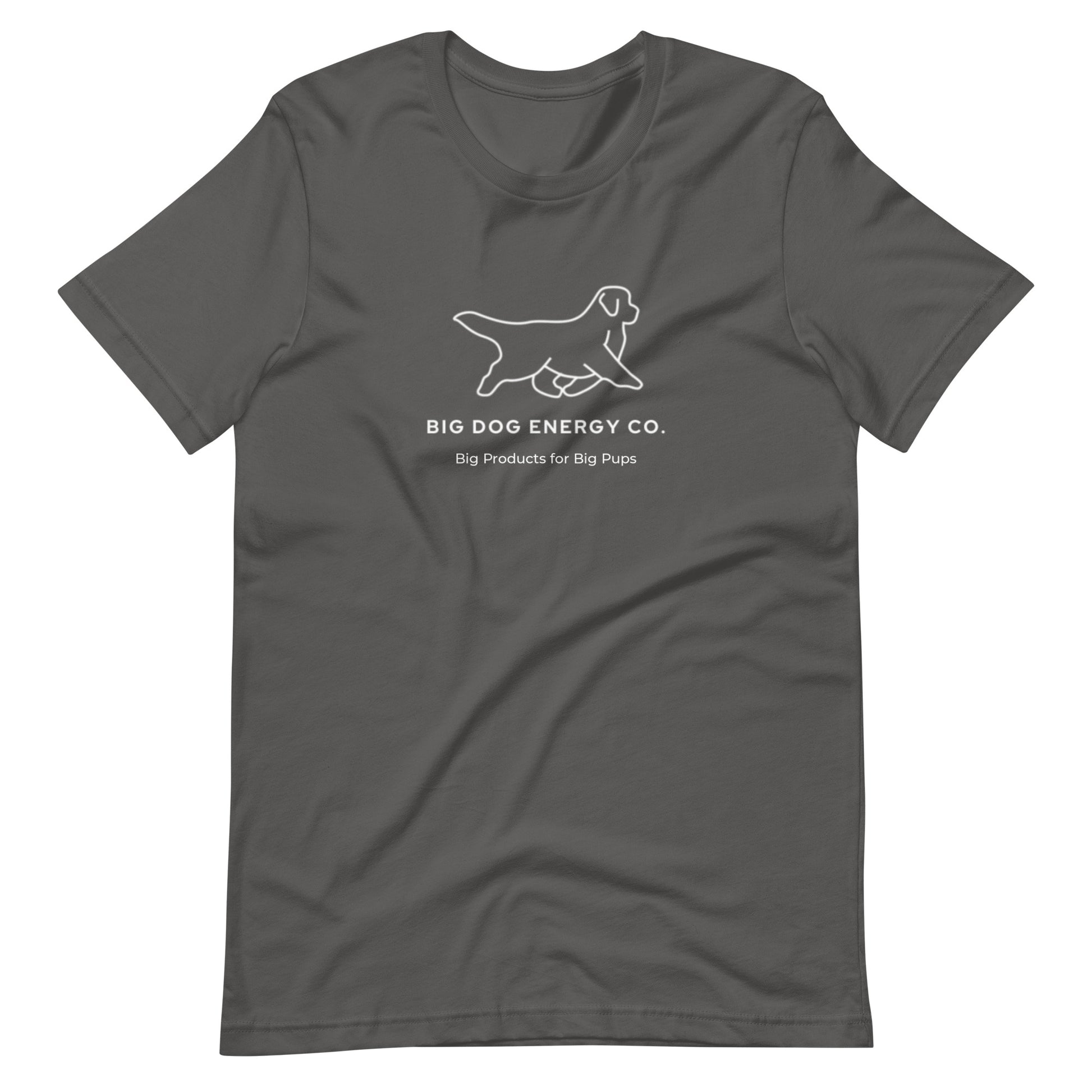 Asphalt grey t-shirt showing the white Big Dog Energy Company logo, which is a Newfoundland dog silhouette over the company name, with a smaller saying "Big Products for Big Pups" underneath the logo, also in white text.