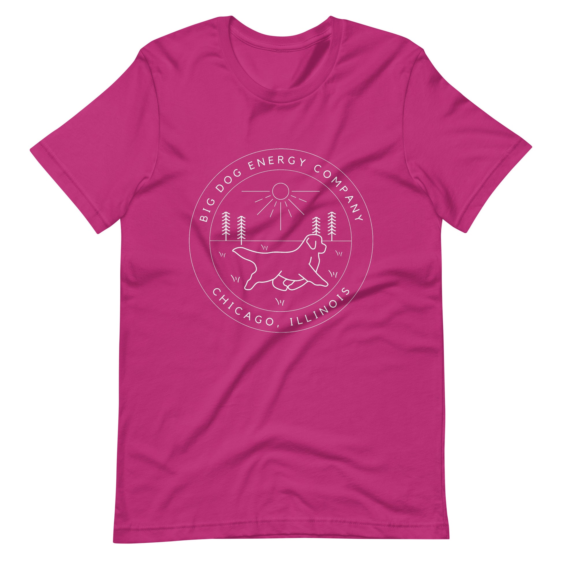 Berry pink t-shirt with the Big Dog Energy Company summer camp logo, which is white line art of the outline of a Newfoundland dog trotting through grass with primitive trees and a radiant sun in the background. All of this is encased by two concentric circles, with "Big Dog Energy Company, Chicago, Illinois" wrapped around the inside of the circles and surrounding the logo.