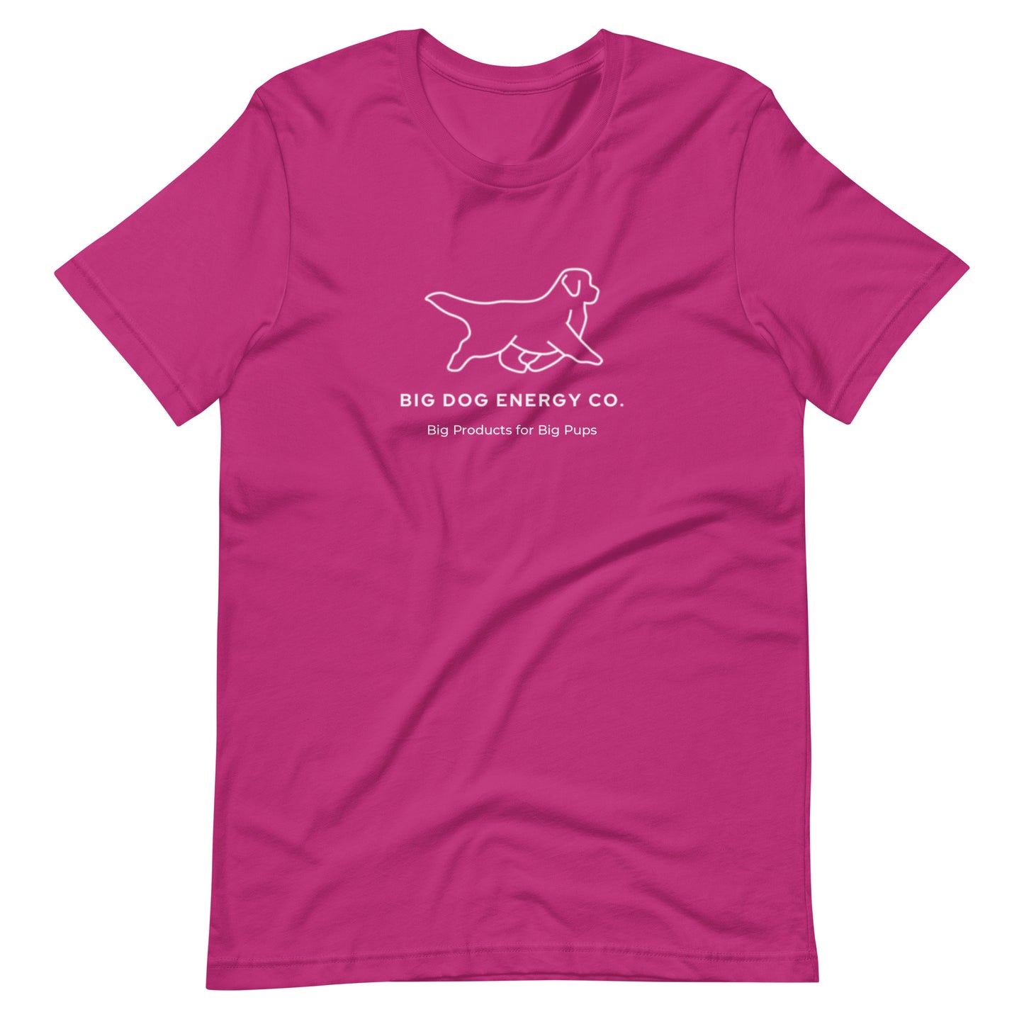 Berry pink t-shirt showing the white Big Dog Energy Company logo, which is a Newfoundland dog silhouette over the company name, with a smaller saying "Big Products for Big Pups" underneath the logo, also in white text.