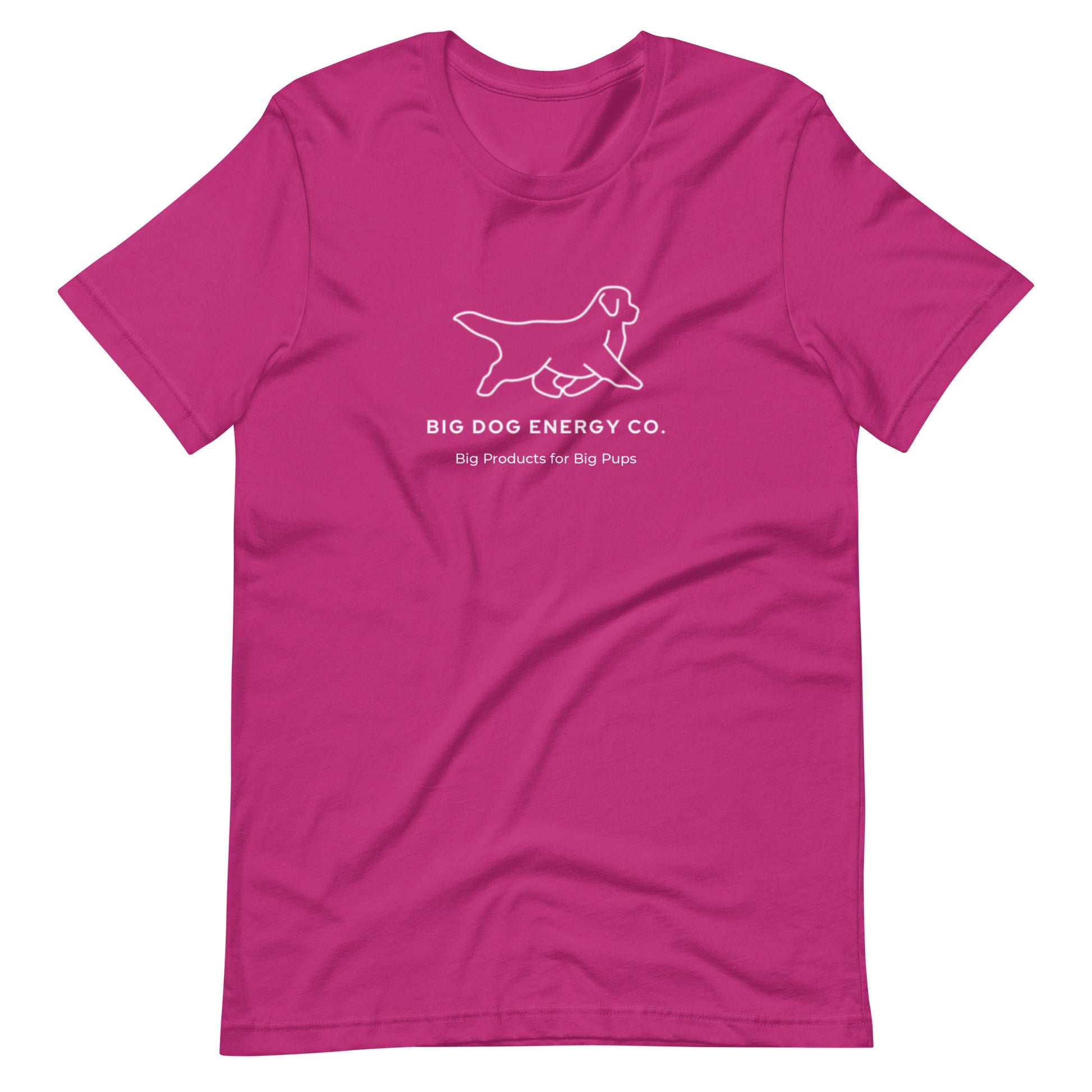 Berry pink t-shirt showing the white Big Dog Energy Company logo, which is a Newfoundland dog silhouette over the company name, with a smaller saying "Big Products for Big Pups" underneath the logo, also in white text.