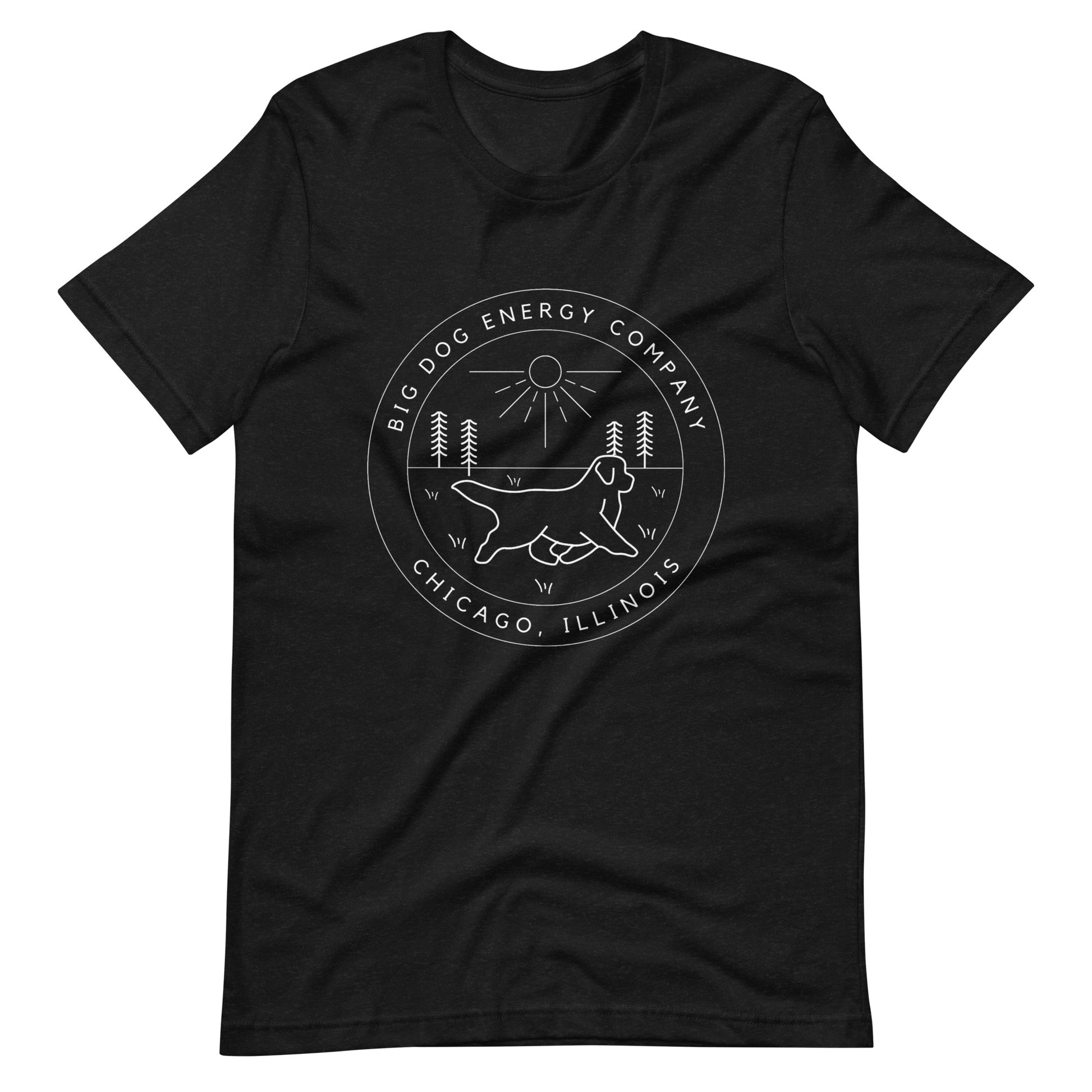 Black heather t-shirt with the Big Dog Energy Company summer camp logo, which is white line art of the outline of a Newfoundland dog trotting through grass with primitive trees and a radiant sun in the background. All of this is encased by two concentric circles, with "Big Dog Energy Company, Chicago, Illinois" wrapped around the inside of the circles and surrounding the logo.