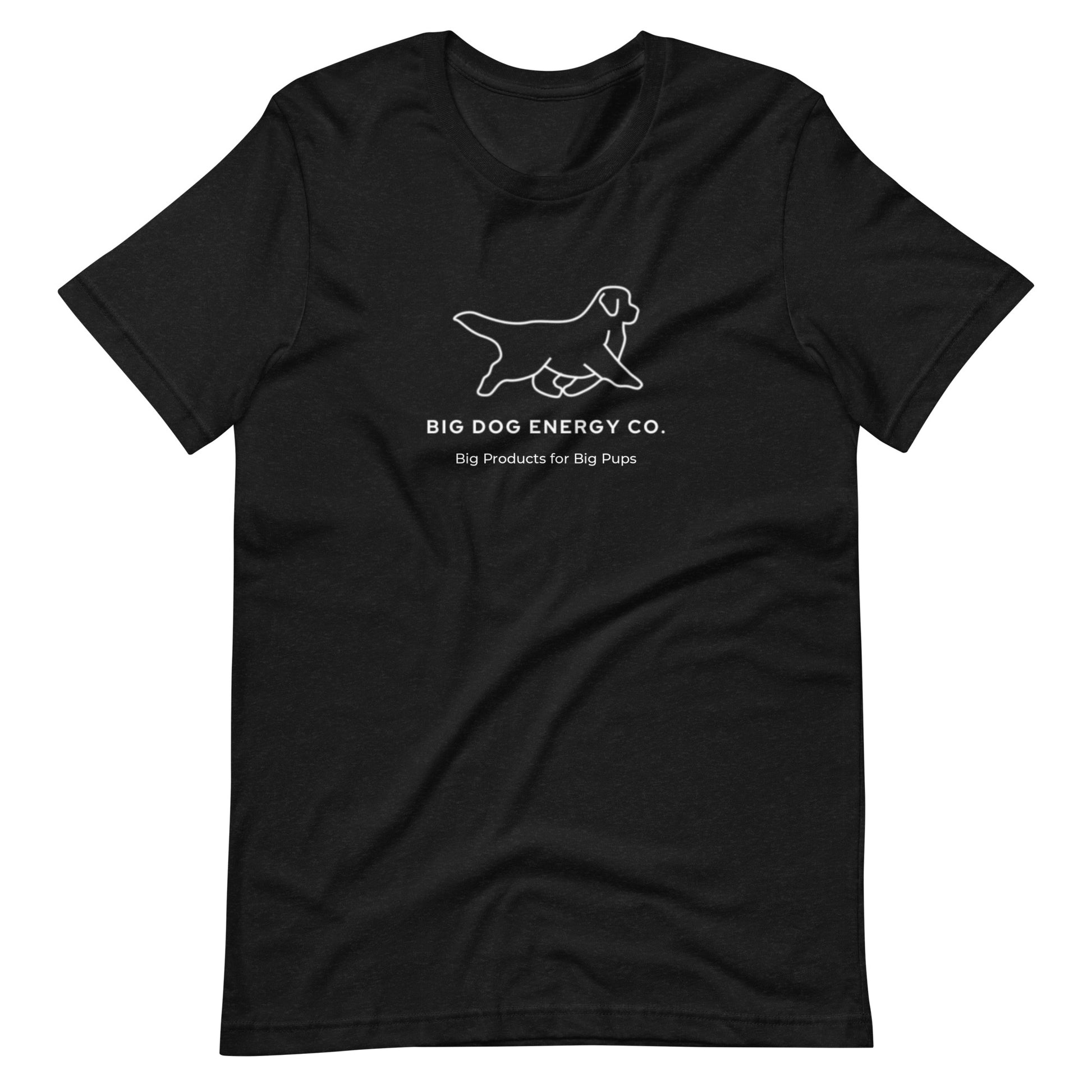Black heather t-shirt showing the white Big Dog Energy Company logo, which is a Newfoundland dog silhouette over the company name, with a smaller saying "Big Products for Big Pups" underneath the logo, also in white text.