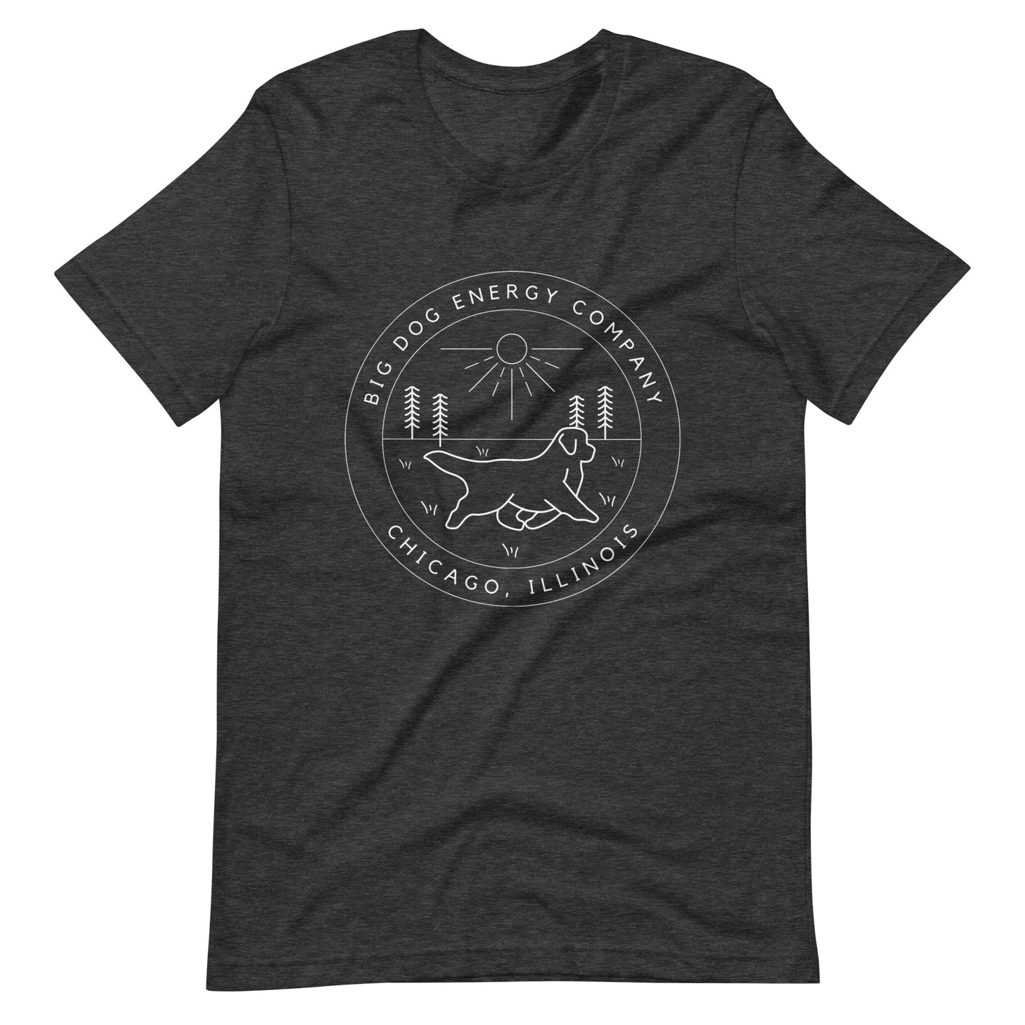 Dark grey heather t-shirt with the Big Dog Energy Company summer camp logo, which is white line art of the outline of a Newfoundland dog trotting through grass with primitive trees and a radiant sun in the background. All of this is encased by two concentric circles, with "Big Dog Energy Company, Chicago, Illinois" wrapped around the inside of the circles and surrounding the logo.
