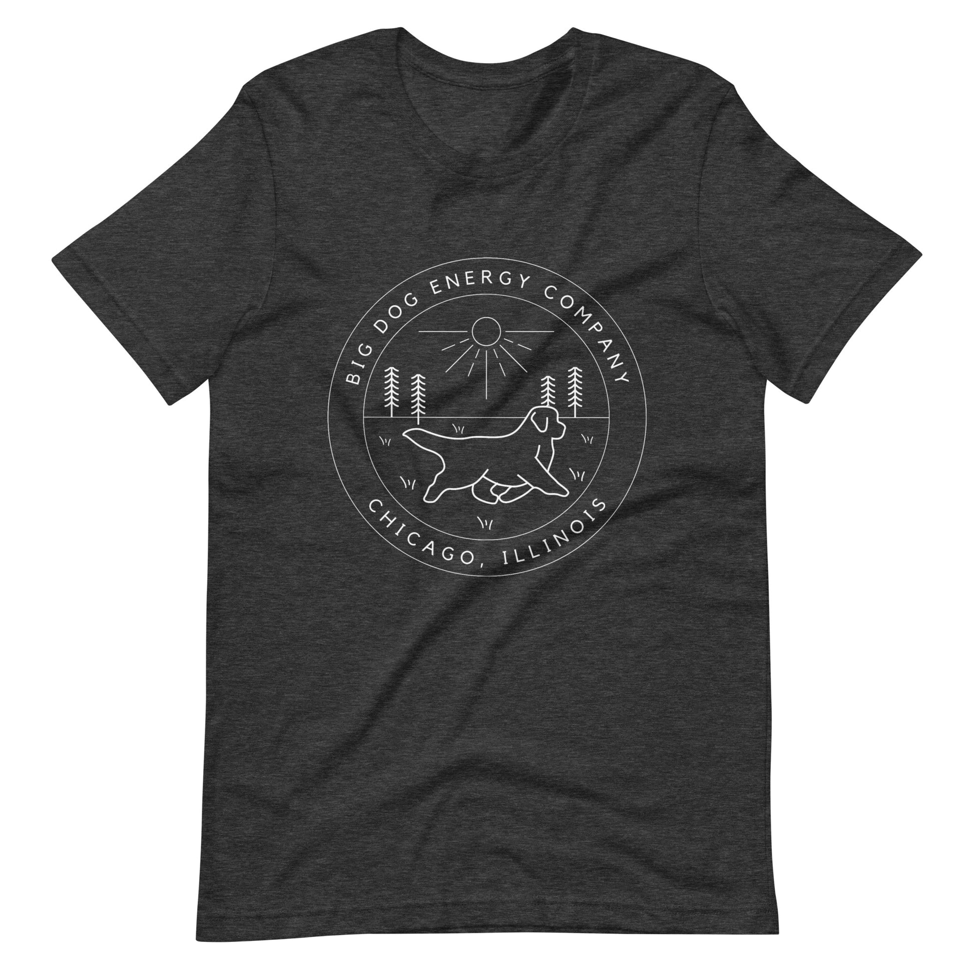 Dark grey heather t-shirt with the Big Dog Energy Company summer camp logo, which is white line art of the outline of a Newfoundland dog trotting through grass with primitive trees and a radiant sun in the background. All of this is encased by two concentric circles, with "Big Dog Energy Company, Chicago, Illinois" wrapped around the inside of the circles and surrounding the logo.