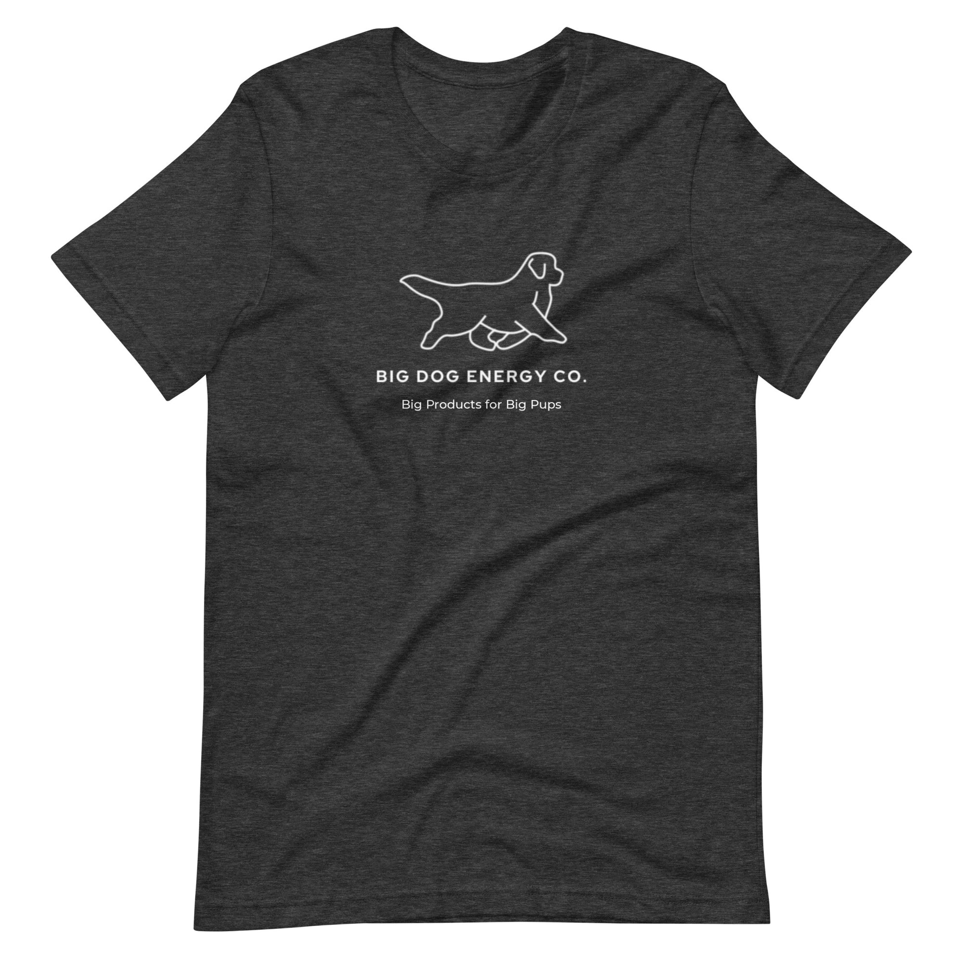 Dark grey heather t-shirt showing the white Big Dog Energy Company logo, which is a Newfoundland dog silhouette over the company name, with a smaller saying "Big Products for Big Pups" underneath the logo, also in white text.