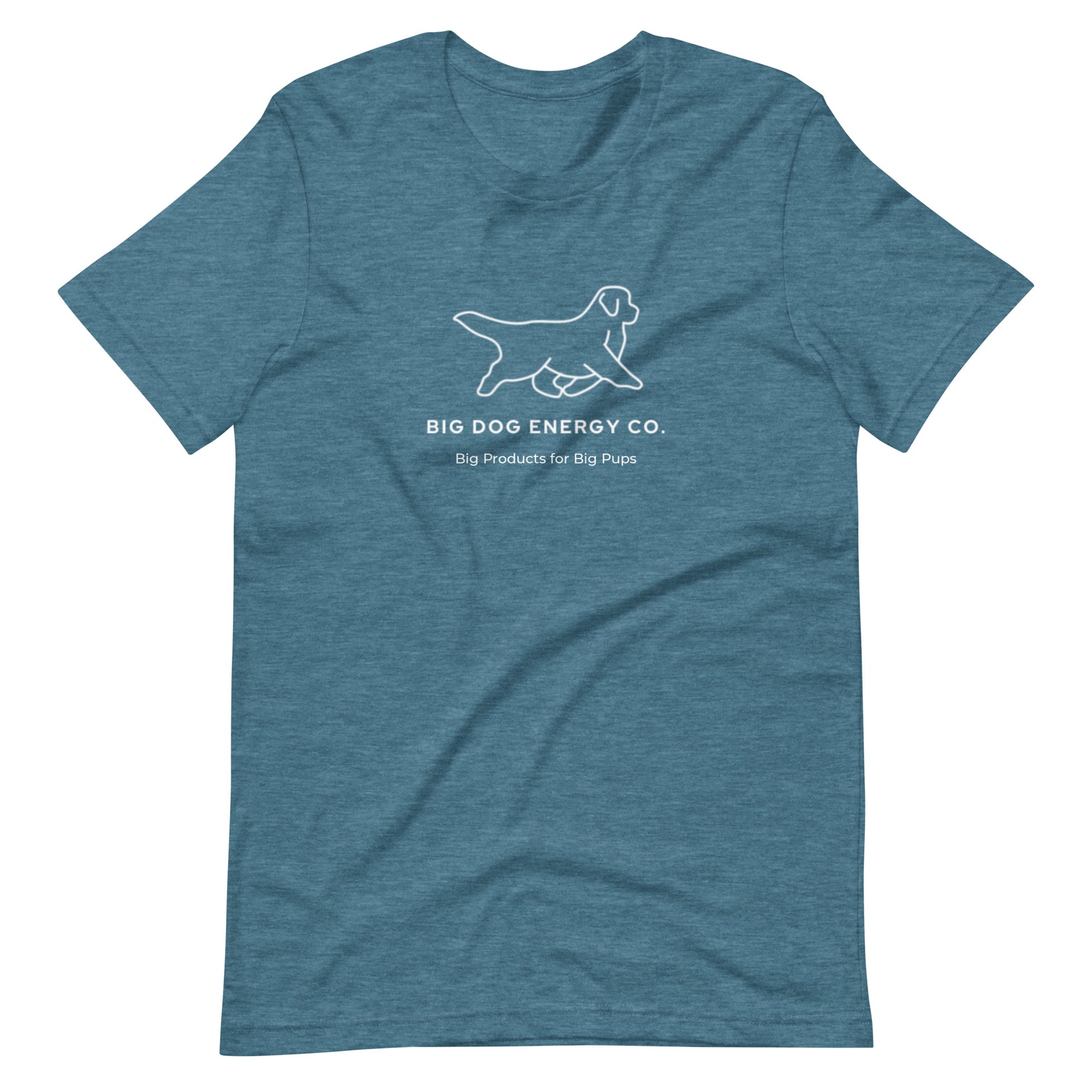 Heather deep teal t-shirt showing the white Big Dog Energy Company logo, which is a Newfoundland dog silhouette over the company name, with a smaller saying "Big Products for Big Pups" underneath the logo, also in white text.