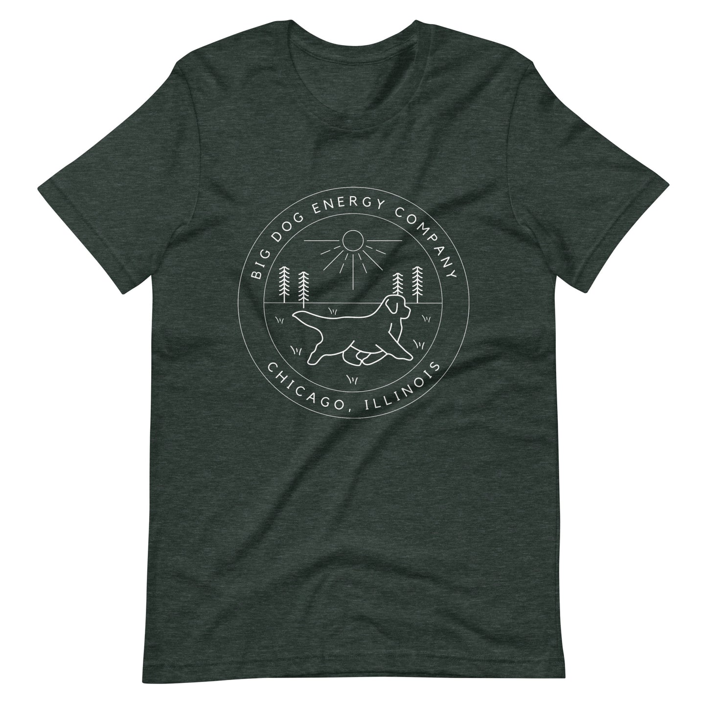 Heather forest green t-shirt with the Big Dog Energy Company summer camp logo, which is white line art of the outline of a Newfoundland dog trotting through grass with primitive trees and a radiant sun in the background. All of this is encased by two concentric circles, with "Big Dog Energy Company, Chicago, Illinois" wrapped around the inside of the circles and surrounding the logo.
