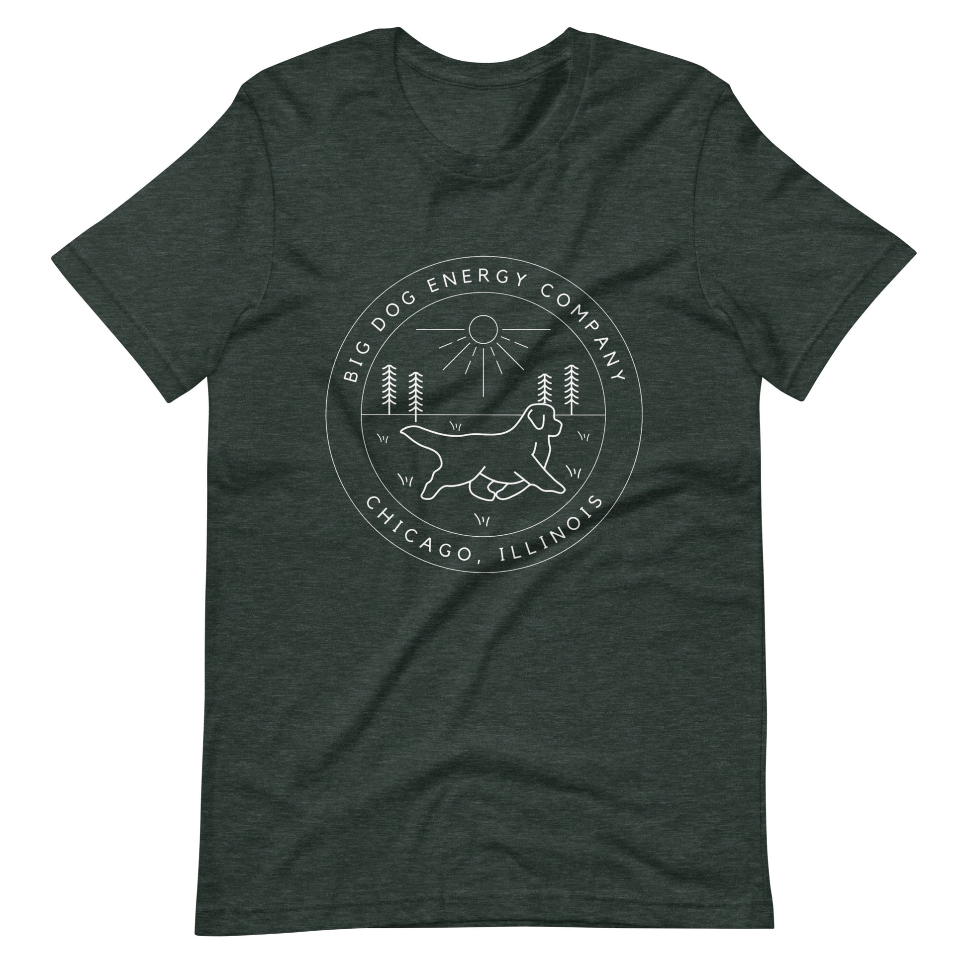 Heather forest green t-shirt with the Big Dog Energy Company summer camp logo, which is white line art of the outline of a Newfoundland dog trotting through grass with primitive trees and a radiant sun in the background. All of this is encased by two concentric circles, with "Big Dog Energy Company, Chicago, Illinois" wrapped around the inside of the circles and surrounding the logo.