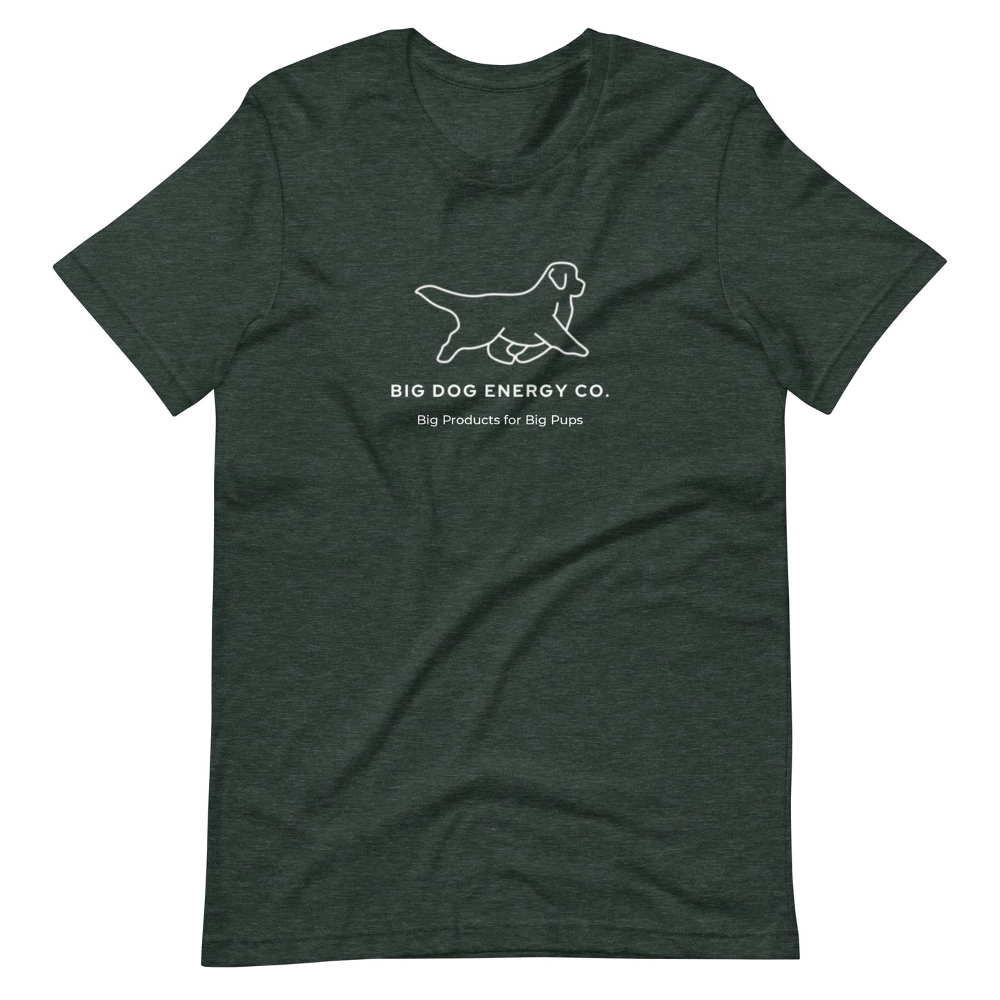 Heather forest green t-shirt showing the white Big Dog Energy Company logo, which is a Newfoundland dog silhouette over the company name, with a smaller saying "Big Products for Big Pups" underneath the logo, also in white text.