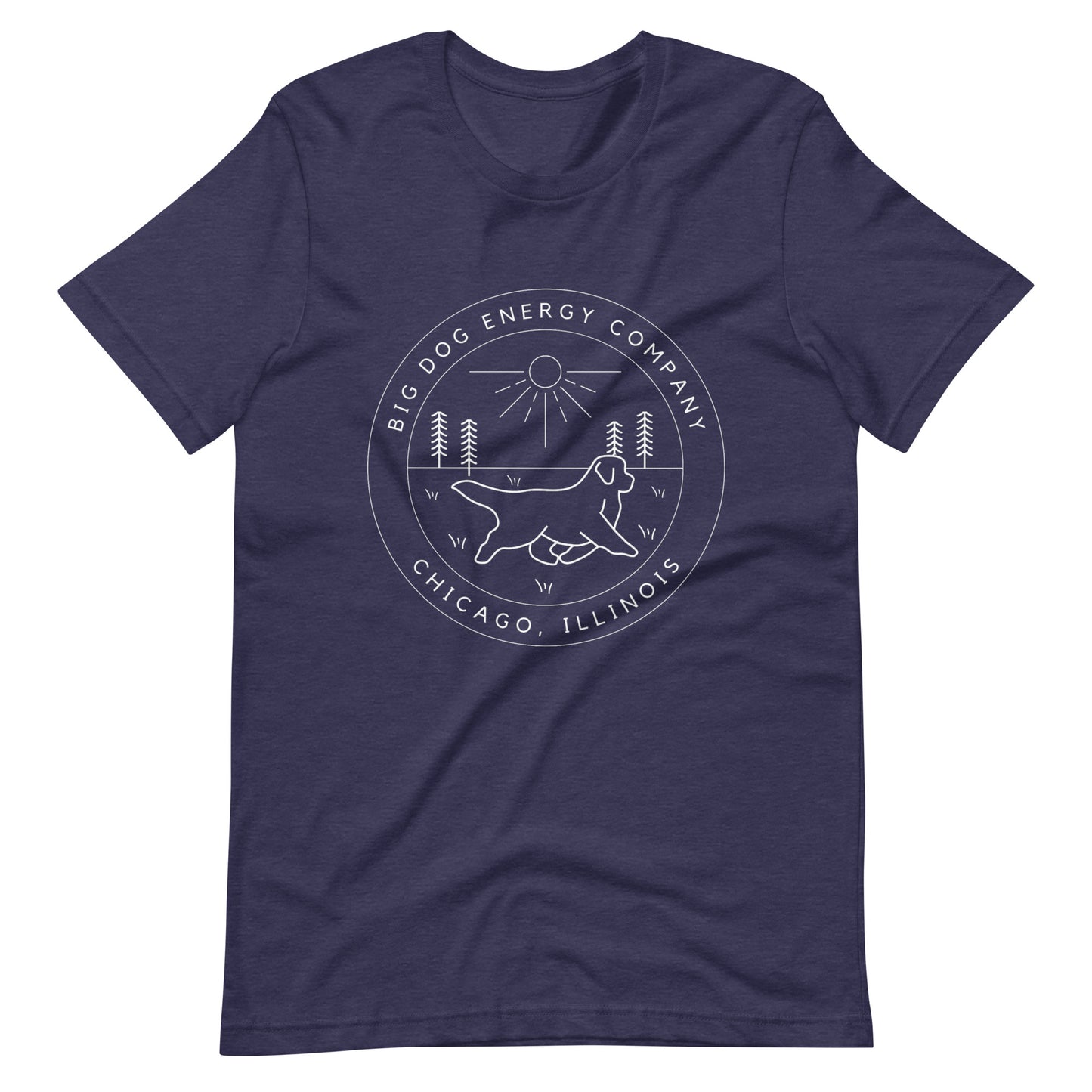 Heather midnight navy t-shirt with the Big Dog Energy Company summer camp logo, which is white line art of the outline of a Newfoundland dog trotting through grass with primitive trees and a radiant sun in the background. All of this is encased by two concentric circles, with "Big Dog Energy Company, Chicago, Illinois" wrapped around the inside of the circles and surrounding the logo.