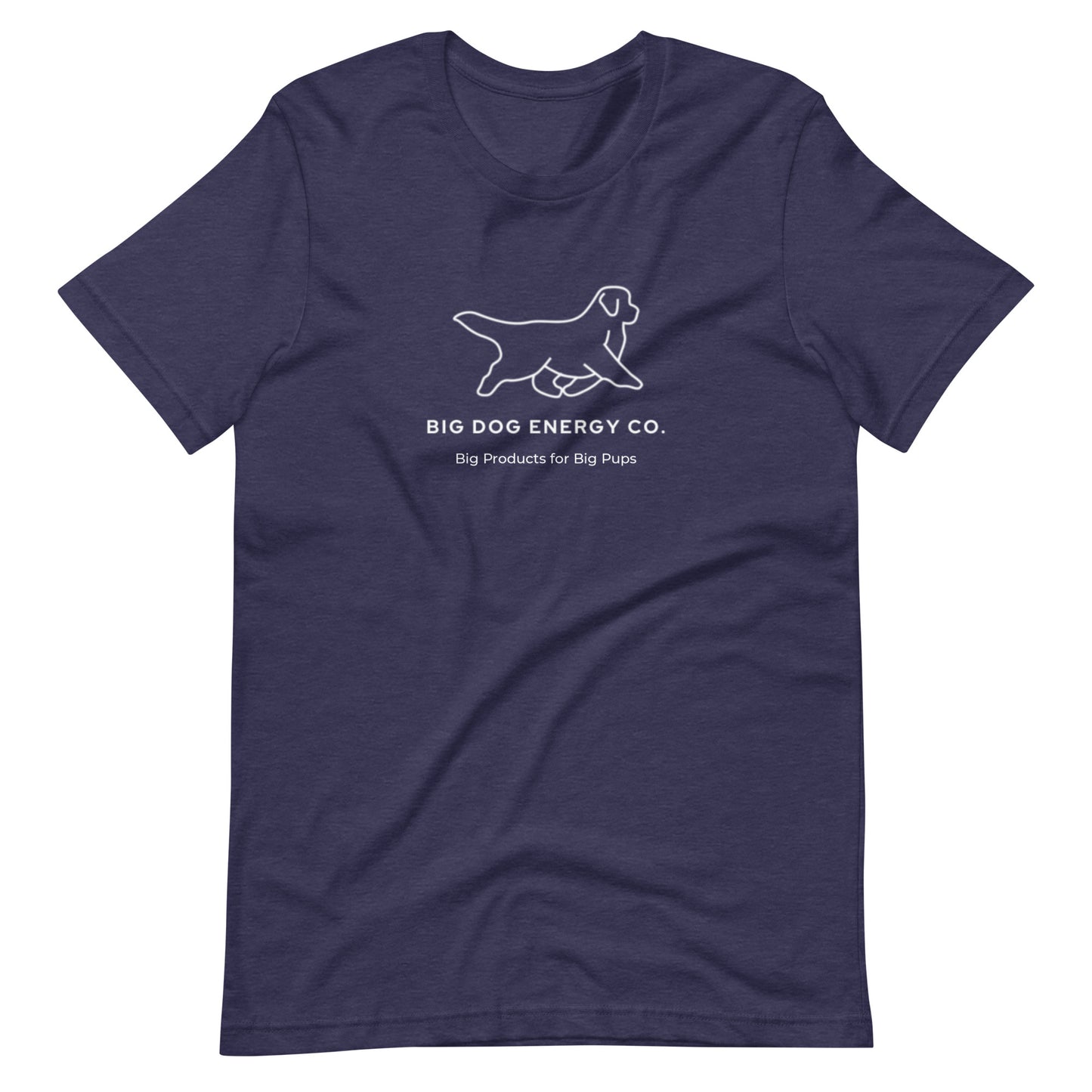 Heather midnight navy t-shirt showing the white Big Dog Energy Company logo, which is a Newfoundland dog silhouette over the company name, with a smaller saying "Big Products for Big Pups" underneath the logo, also in white text.