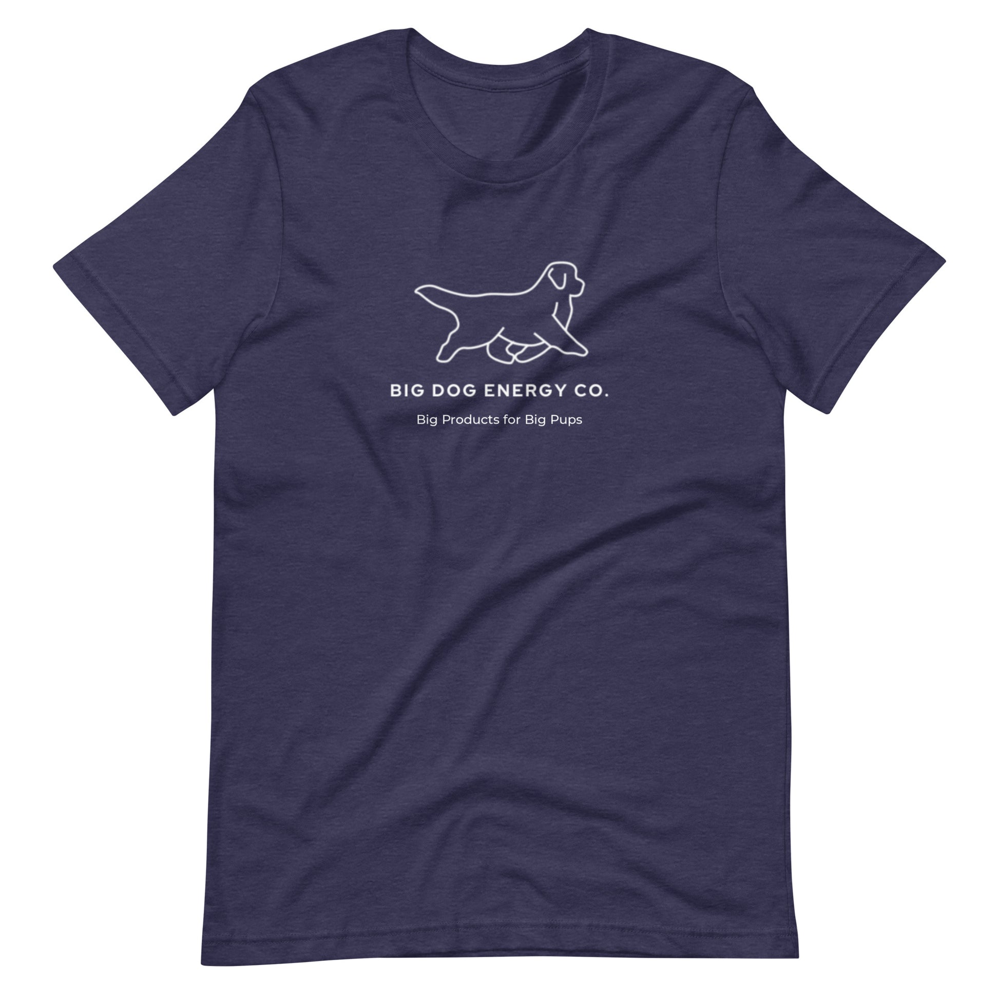 Heather midnight navy t-shirt showing the white Big Dog Energy Company logo, which is a Newfoundland dog silhouette over the company name, with a smaller saying "Big Products for Big Pups" underneath the logo, also in white text.