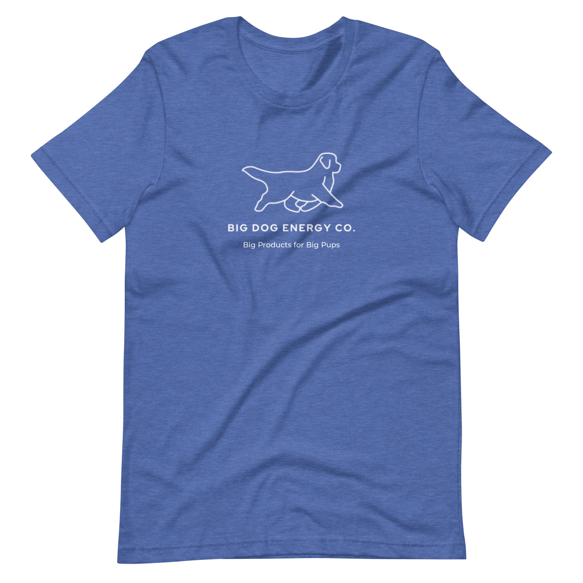 Heather true royal blue t-shirt showing the white Big Dog Energy Company logo, which is a Newfoundland dog silhouette over the company name, with a smaller saying "Big Products for Big Pups" underneath the logo, also in white text.