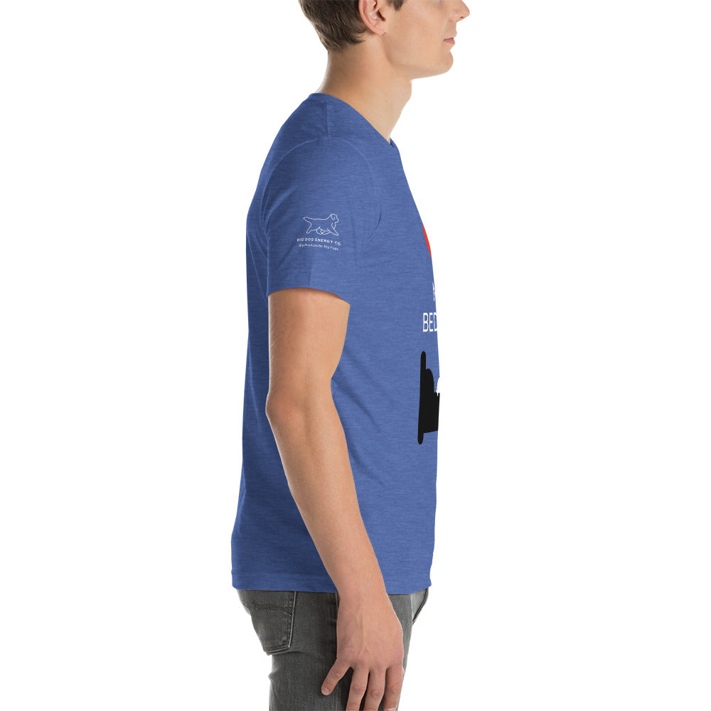 Side view of the right sleeve of the t-shirt showing a small white Big Dog Energy Company logo, which is a Newfoundland dog silhouette over the company name, with a smaller saying "Big Products for Big Pups" underneath the logo, also in white text.
