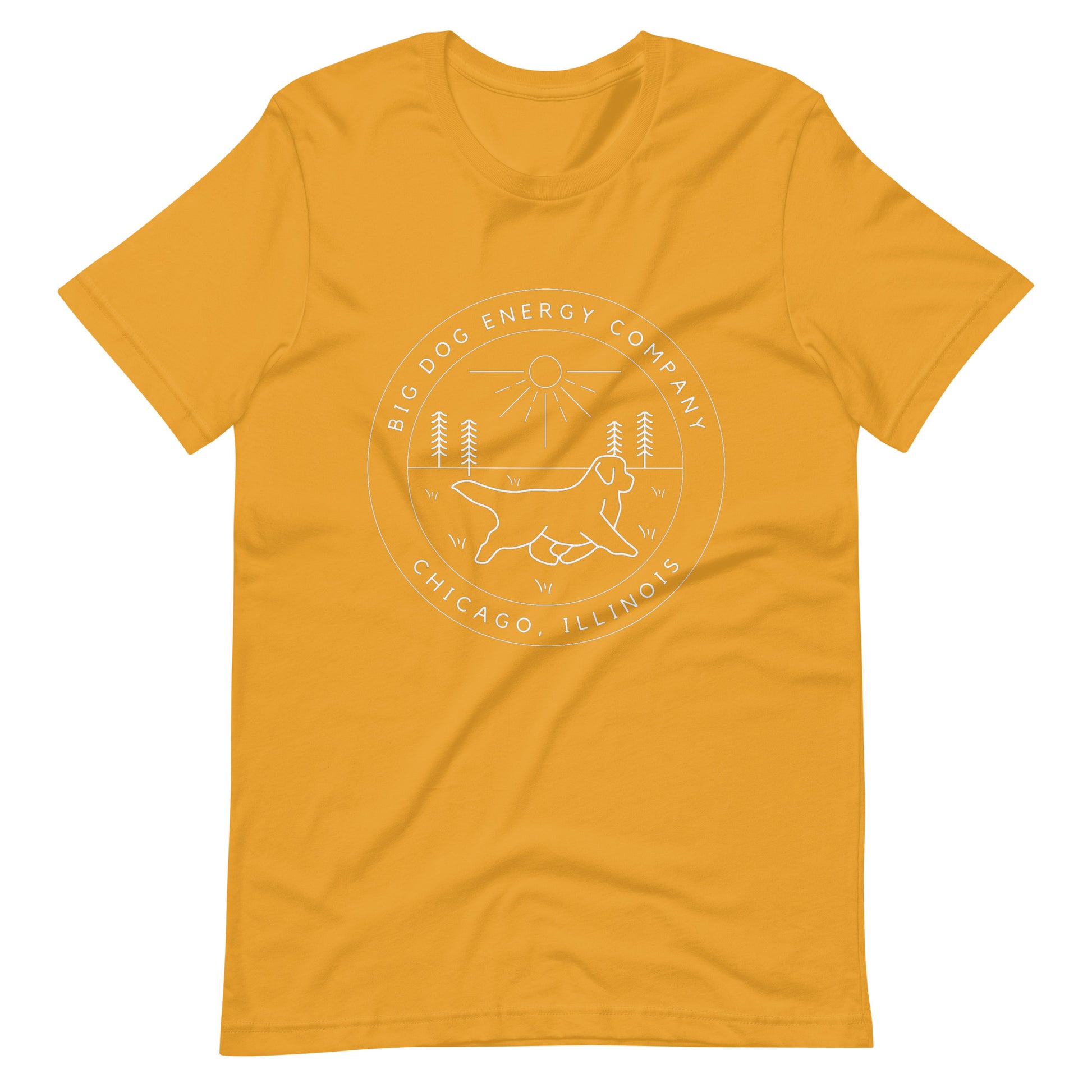 Mustard yellow t-shirt with the Big Dog Energy Company summer camp logo, which is white line art of the outline of a Newfoundland dog trotting through grass with primitive trees and a radiant sun in the background. All of this is encased by two concentric circles, with "Big Dog Energy Company, Chicago, Illinois" wrapped around the inside of the circles and surrounding the logo.