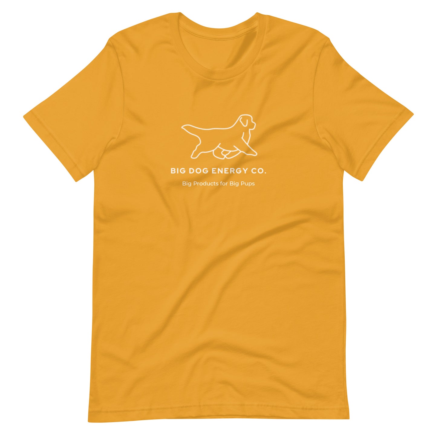Mustard yellow t-shirt showing the white Big Dog Energy Company logo, which is a Newfoundland dog silhouette over the company name, with a smaller saying "Big Products for Big Pups" underneath the logo, also in white text.